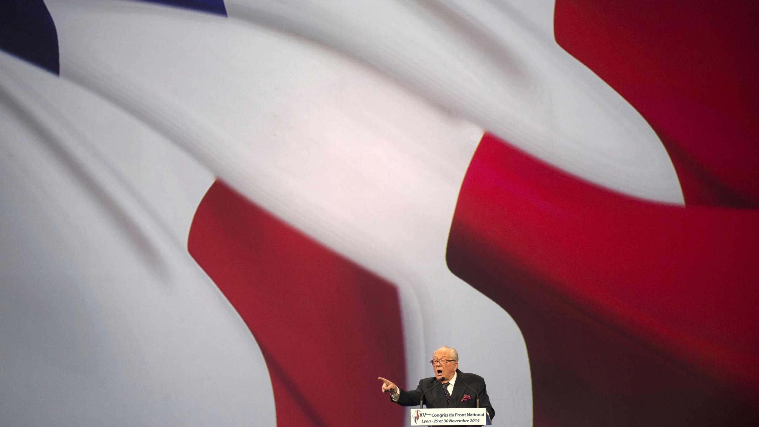 FILE - French far-right Front National former leader Jean-Marie Le Pen delivers a speech during the 15th congress of the party, in Lyon, central France, Saturday, Nov. 29, 2014. (AP Photo/Laurent Cipriani, File)