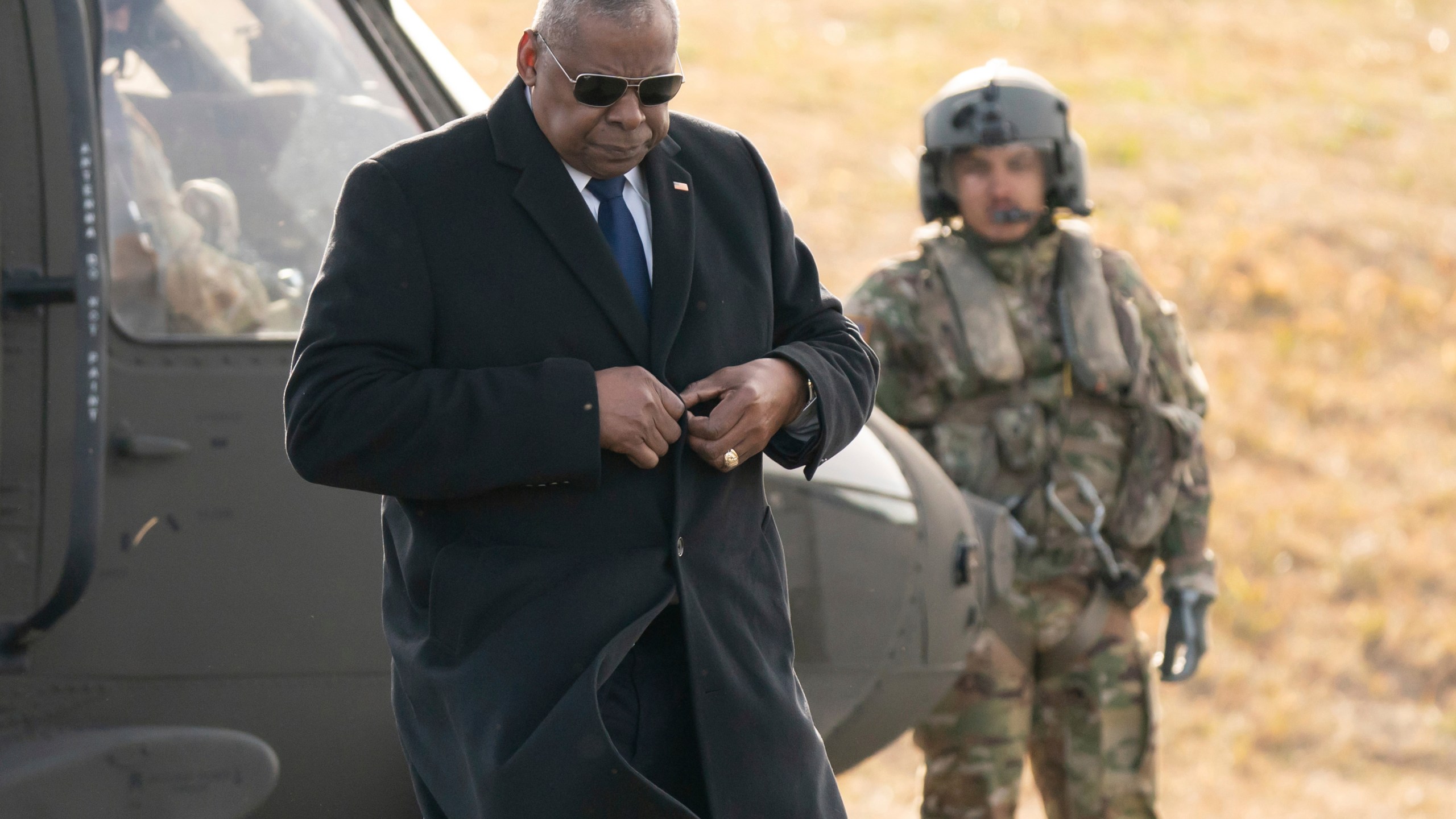 U.S. Secretary of Defense Lloyd Austin arrives at Camp Asaka, a Japan Ground Self-Defense Force base, on the outskirts of Tokyo, Wednesday, Dec. 11, 2024.(Tomohiro Ohsumi/Pool Photo via AP)