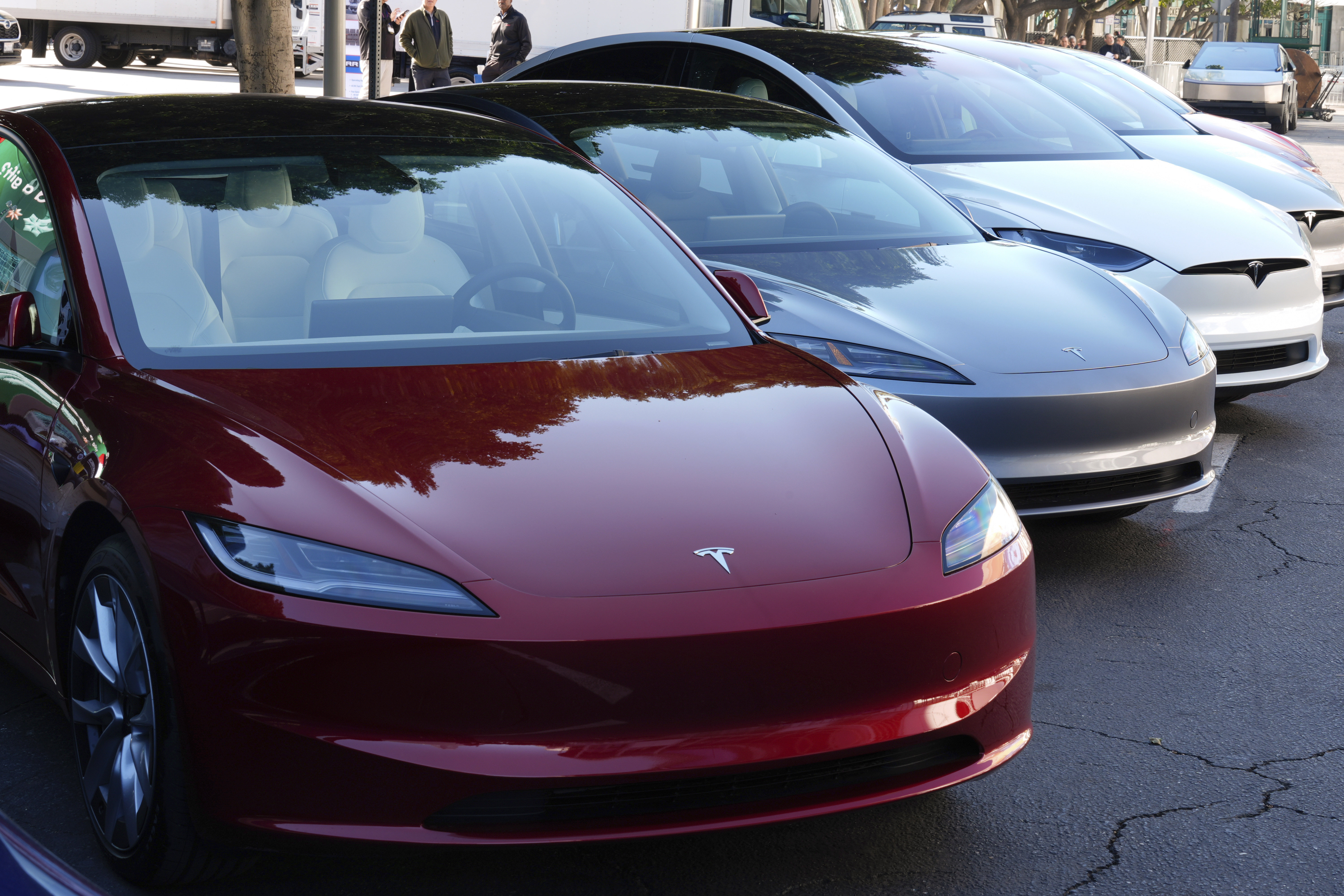 FILE - Tesla vehicles are displayed at the AutoMobility LA Auto Show, in Los Angeles, Nov. 21, 2024. (AP Photo/Damian Dovarganes, File)