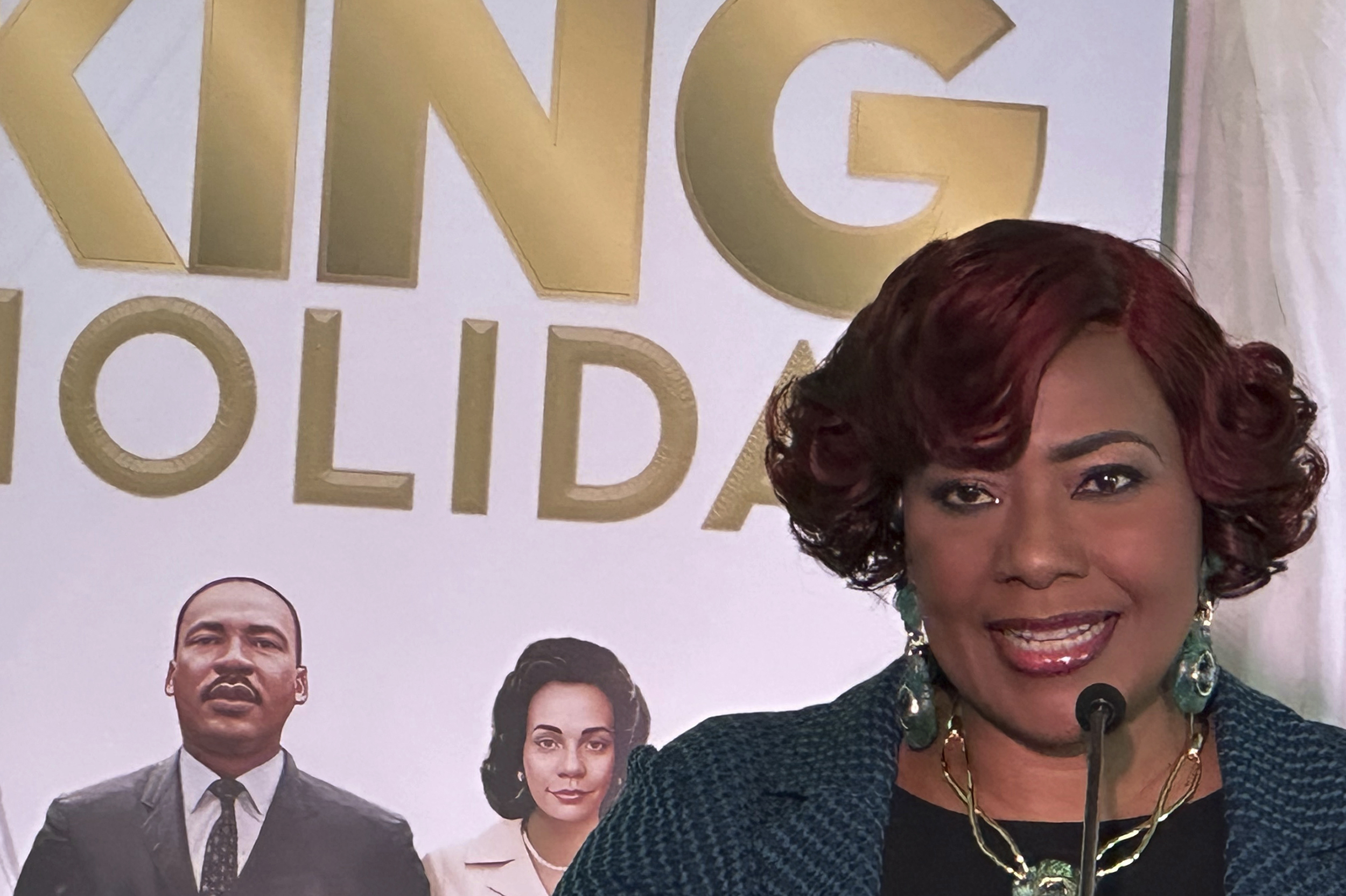 King Center CEO Bernice King, daughter of the Rev. Martin Luther King Jr., speaks during a news conference at the King Center in Atlanta on Tuesday, Jan. 7, 2025. (AP Photo/Kate Brumback)