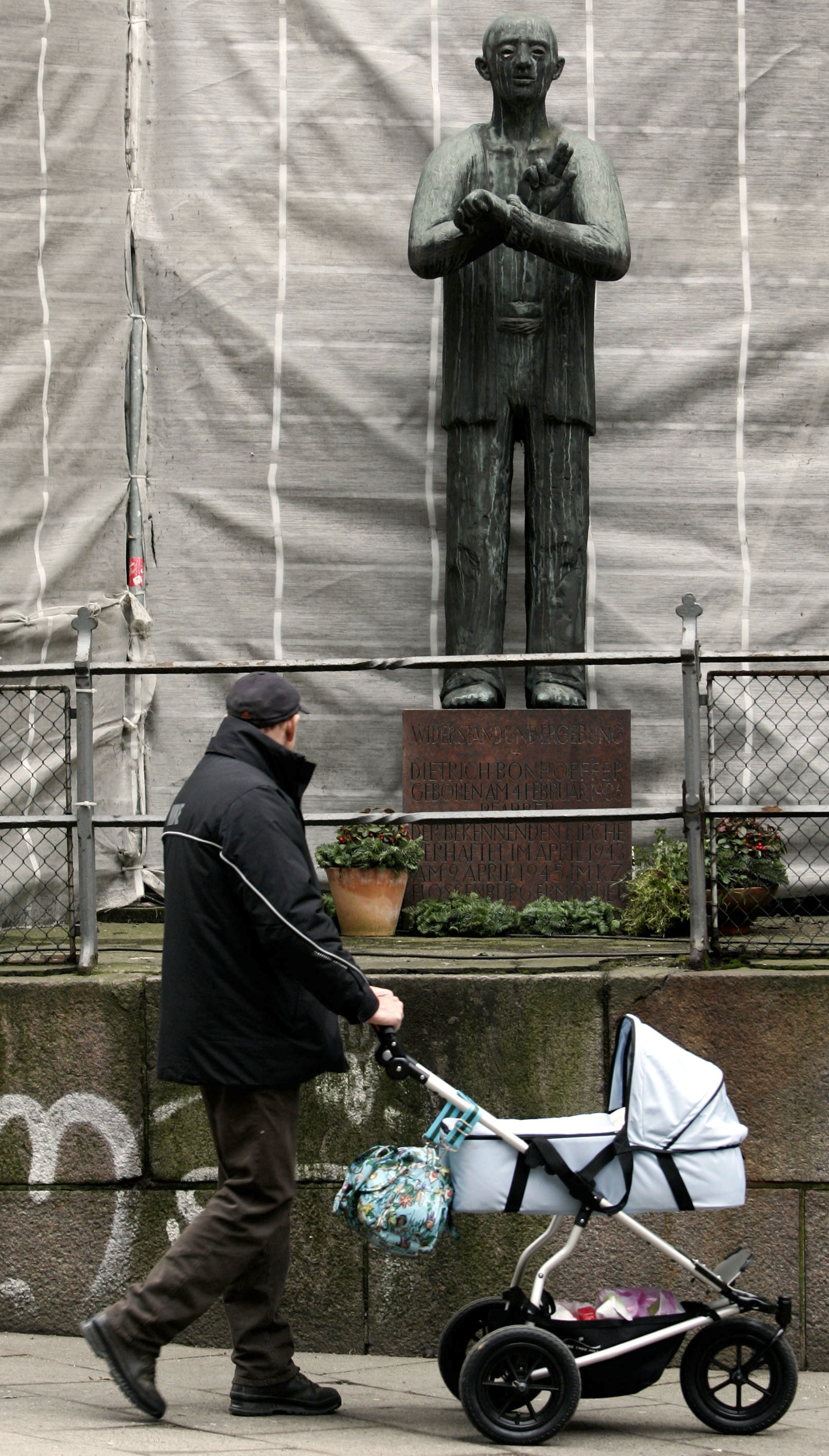 FILE - A statue of former German pastor Dietrich Bonhoeffer (made by Fritz Fleer) stands outside St. Petri church in downtown Hamburg, northern Germany, Feb. 3, 2006. Bonhoeffer was hanged by the Nazis in the concentration camp Flossenbuerg on April 9, 1944. (AP Photo/Fabian Bimmer, File)