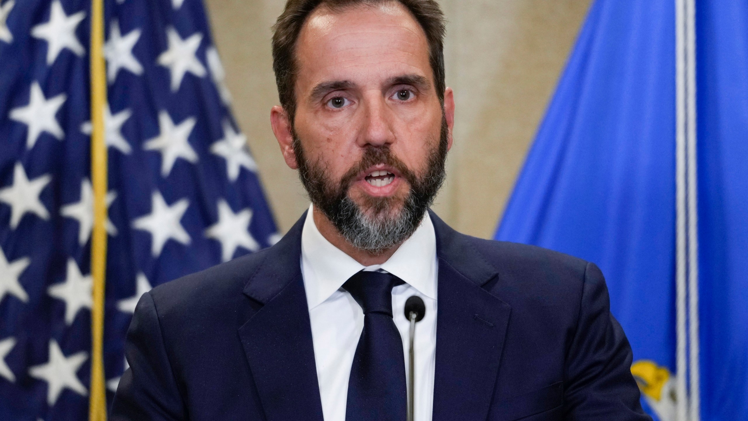 FILE - Special counsel Jack Smith speaks to the media about an indictment of former President Donald Trump, Aug. 1, 2023, at an office of the Department of Justice in Washington. (AP Photo/J. Scott Applewhite, File)