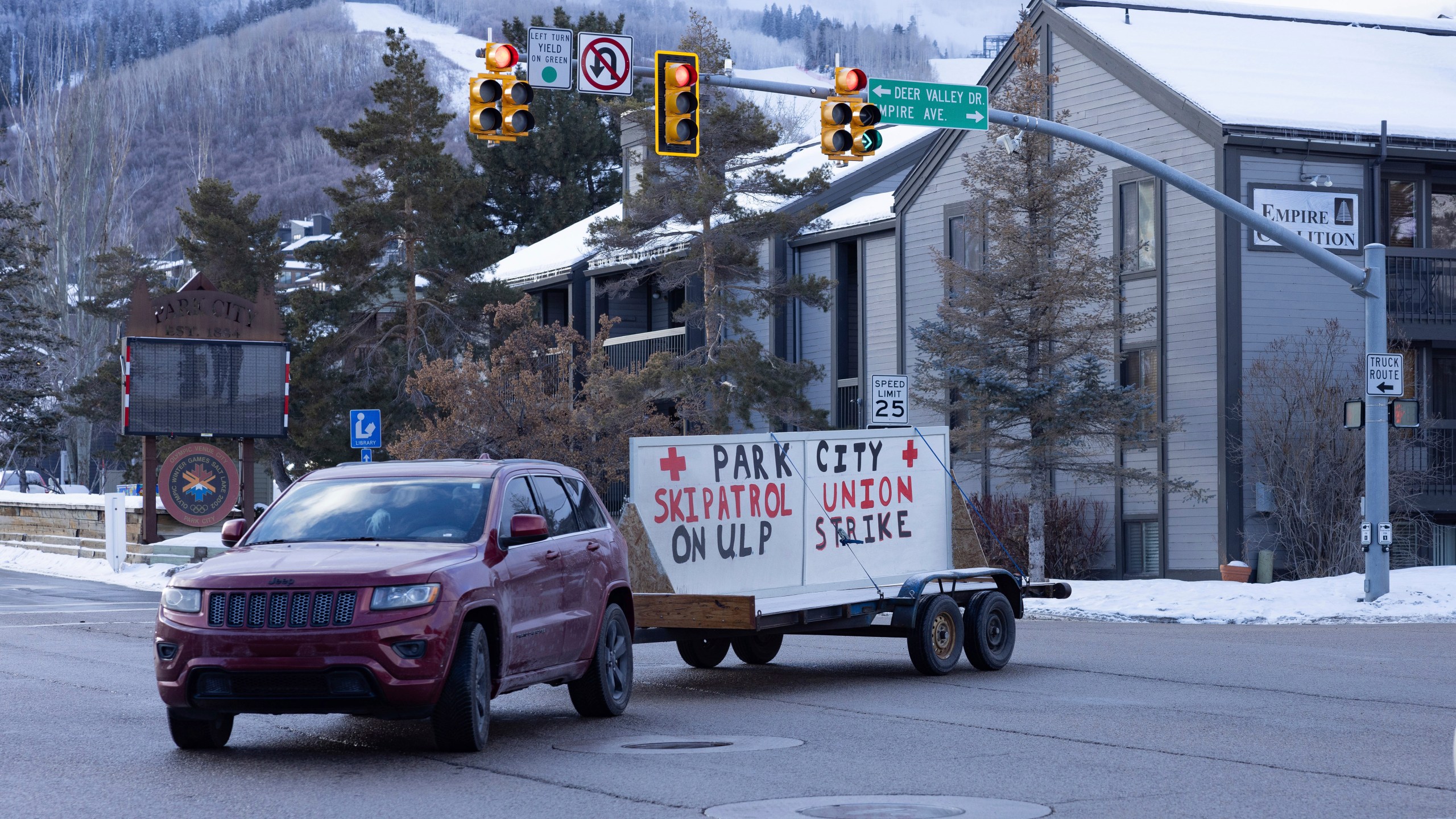 Park City Ski Patrol strike requesting livable wages in Park City, Utah, Tuesday, Jan 7. 2025. (AP Photo/Melissa Majchrzak)