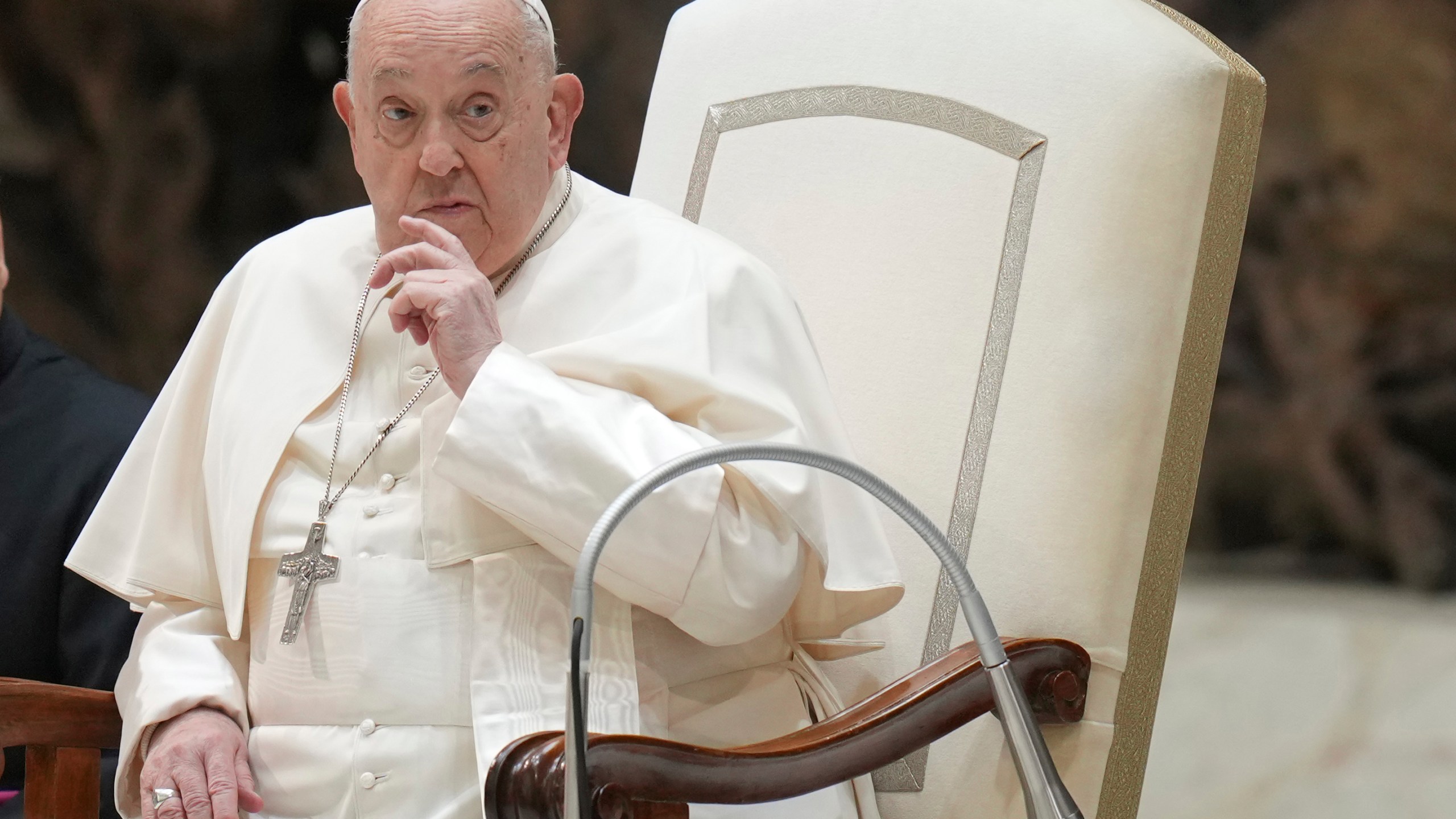 Pope Francis attends his weekly general audience in the Paul VI Hall, at the Vatican, Wednesday, Jan. 8, 2025. (AP Photo/Alessandra Tarantino)