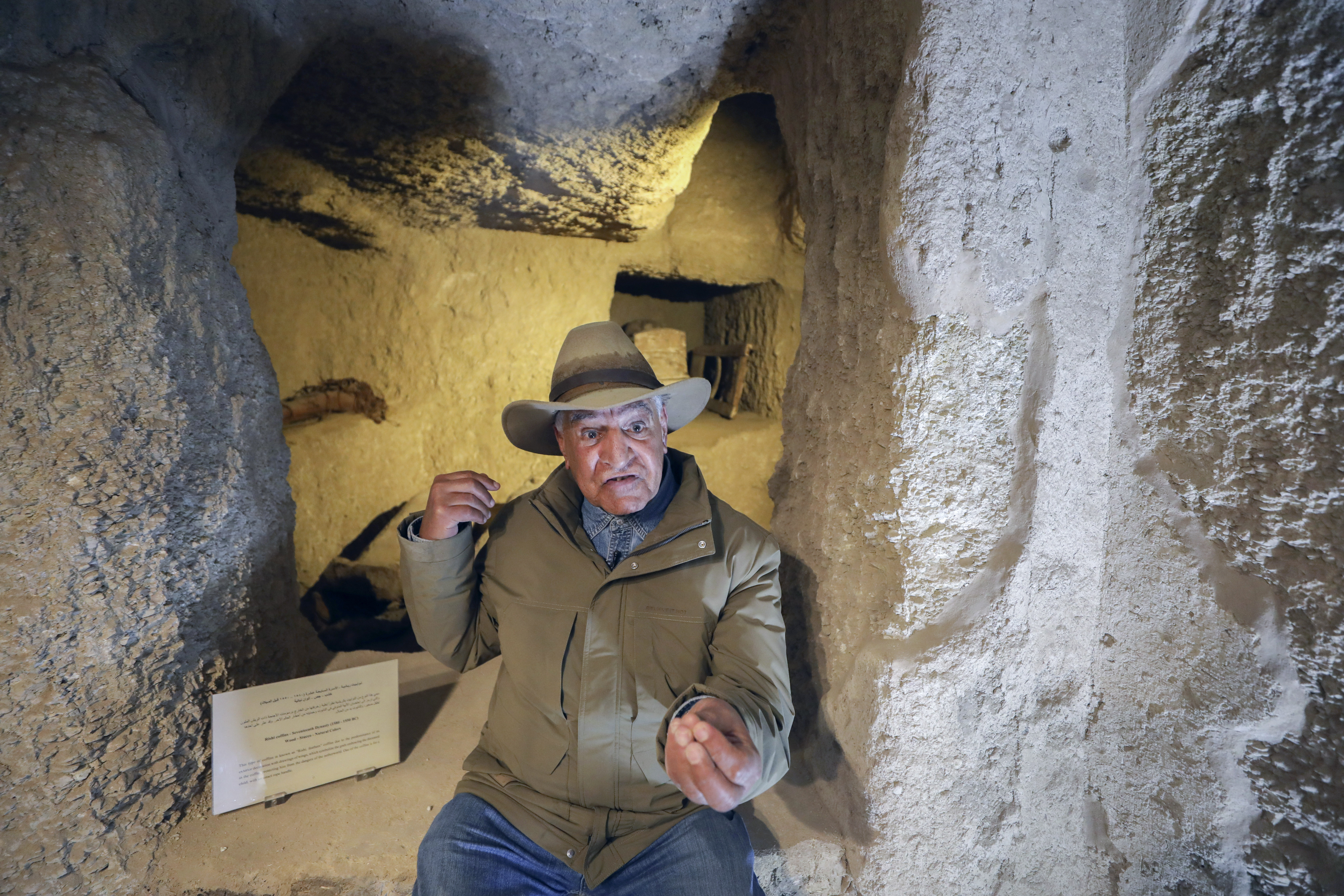 Egyptian archaeologist Zahi Hawass, the head of Zahi Hawass Foundation for Antiquities & Heritage, speaks at a recently discovered ancient rock-cut tomb at the causeway of Queen Hatshepsut's Funerary temple at Deir al-Bahri on the Nile's West Bank, in Luxor, Egypt, Wednesday, Jan. 8, 2025. (APPhoto/Khaled Elfiqi)