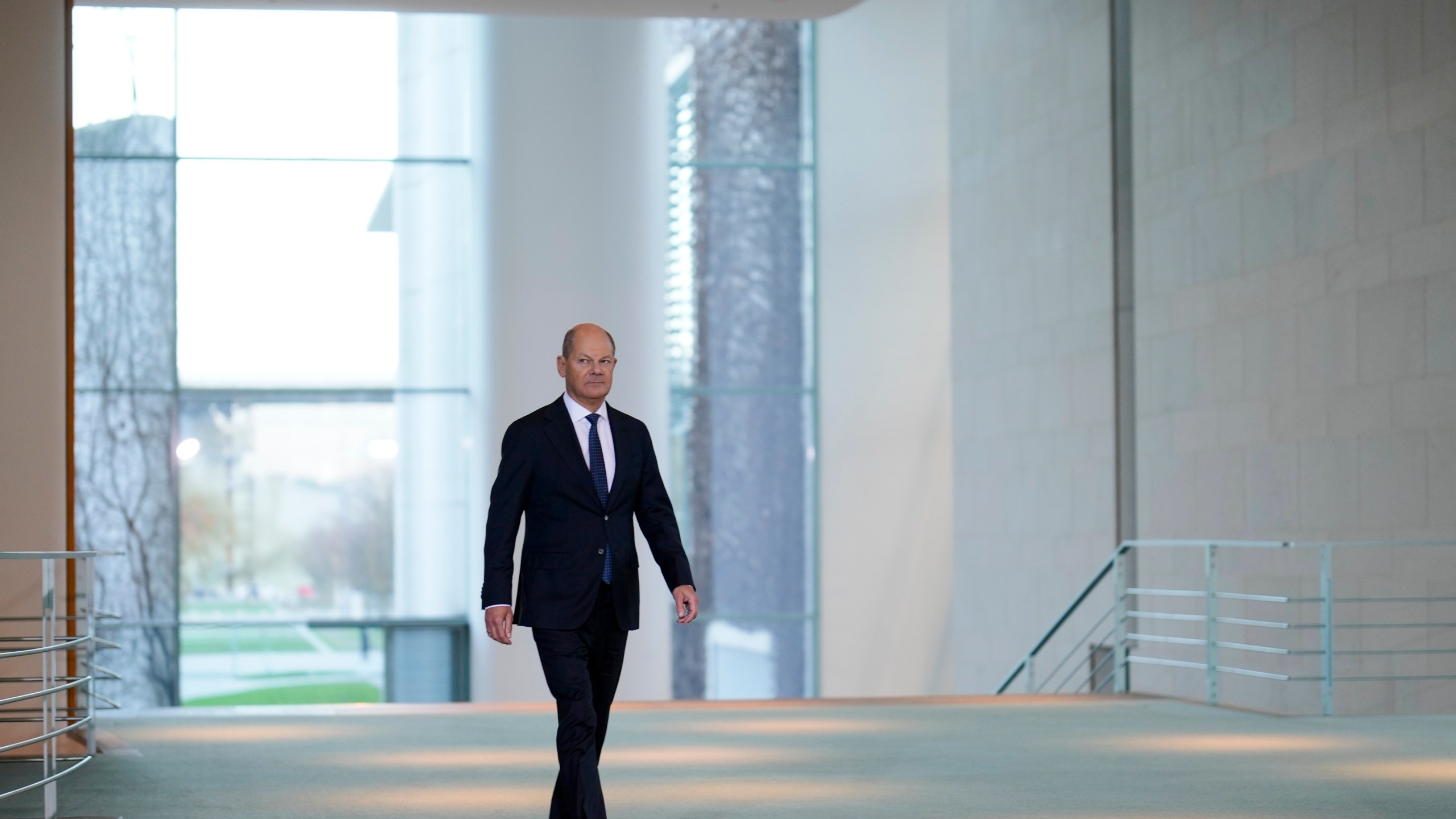 German Chancellor Olaf Scholz arrives for a statement at the chancellery in Berlin, Germany, Wednesday, Jan. 8, 2025. (AP Photo/Markus Schreiber)