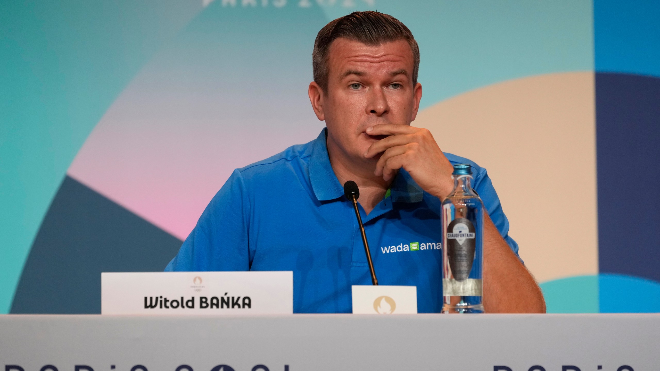 FILE - Witold Banka, president of the World Anti-Doping Agency (WADA), attends a press conference at the 2024 Summer Olympics in Paris, France, July 25, 2024. (AP Photo/Michel Euler, File)