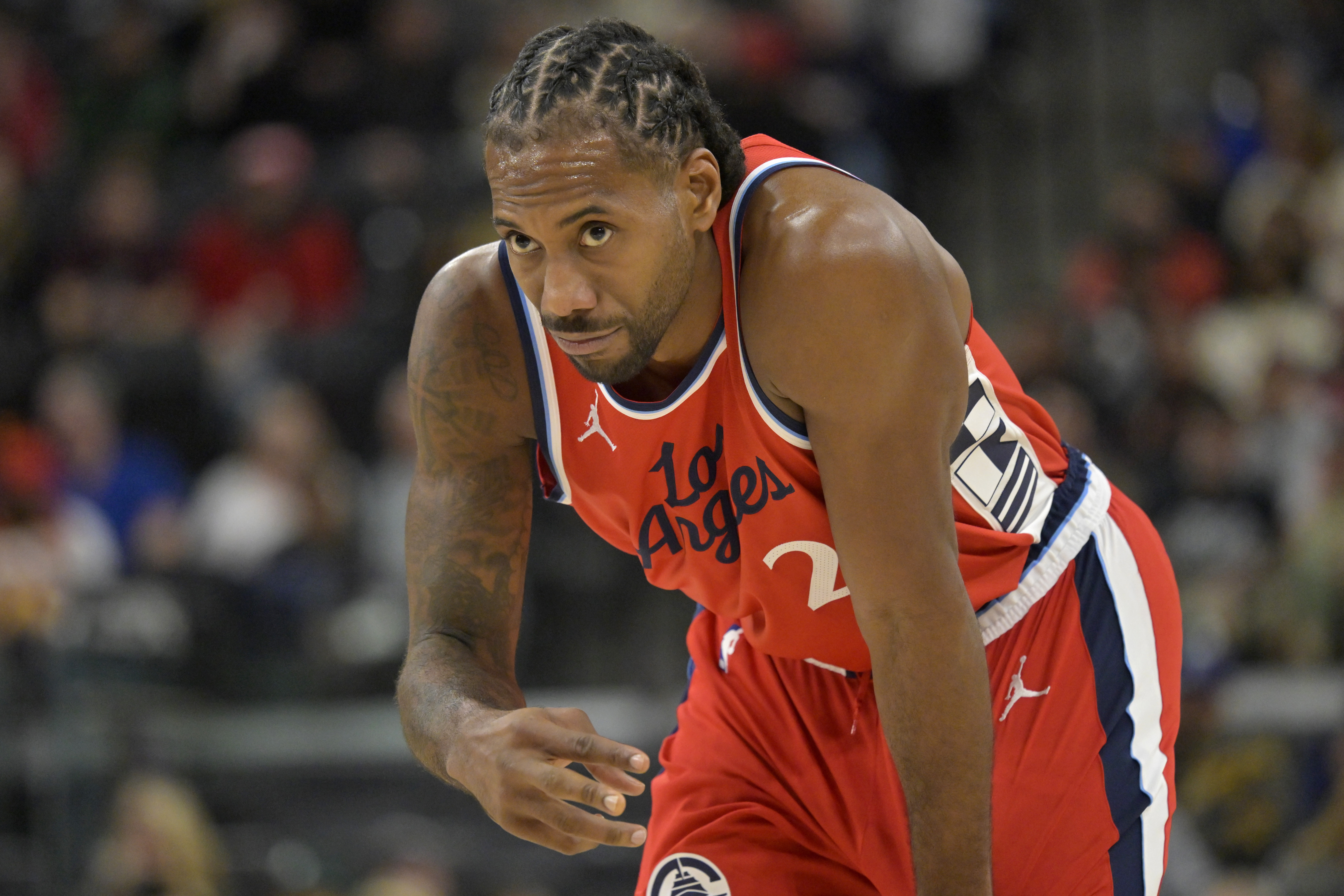 Los Angeles Clippers forward Kawhi Leonard looks on during the second half of an NBA basketball game against the Atlanta Hawks, Saturday, Jan. 4, 2025, in Los Angeles. (AP Photo/Jayne-Kamin-Oncea)