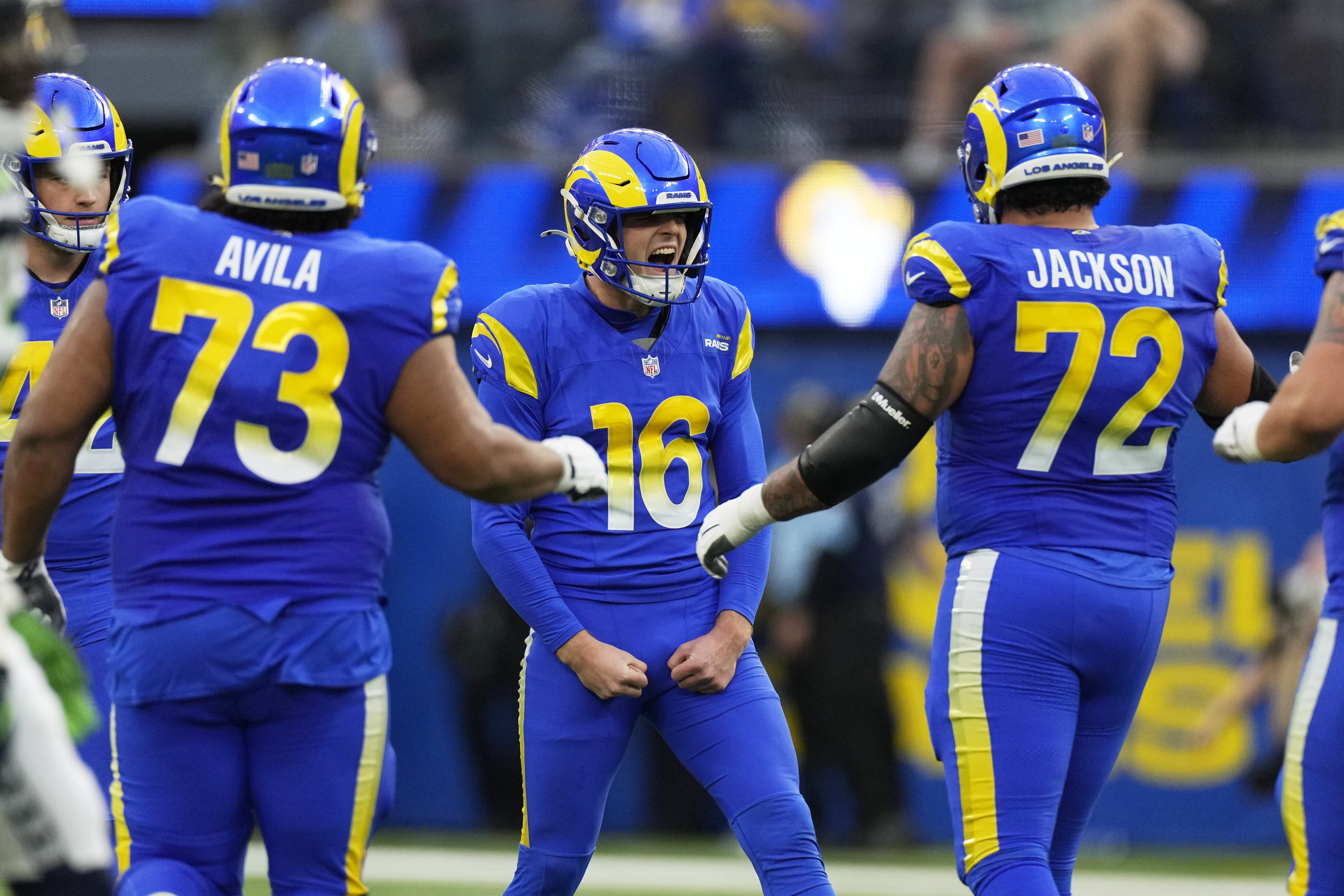 Los Angeles Rams place kicker Joshua Karty (16) reacts after making a field goal during the first half of an NFL football game against the Seattle Seahawks, Sunday, Jan. 5, 2025, in Inglewood, Calif. (AP Photo/Mark J. Terrill)