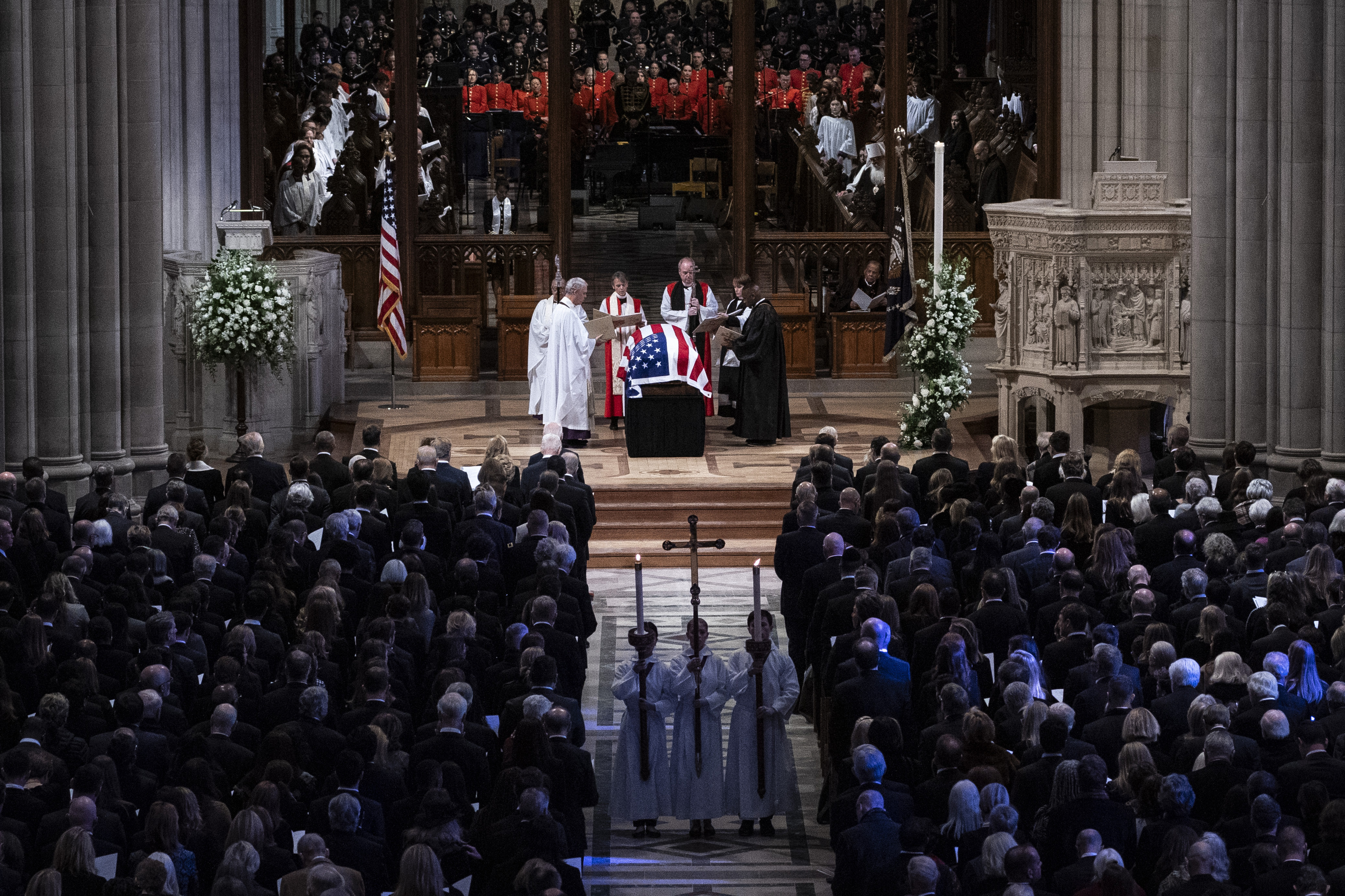 The flag-draped casket of former President Jimmy Carter is pictured before being carried out following a state funeral at the National Cathedral, Thursday, Jan. 9, 2025, in Washington. (Haiyun Jiang/The New York Times via AP, Pool)