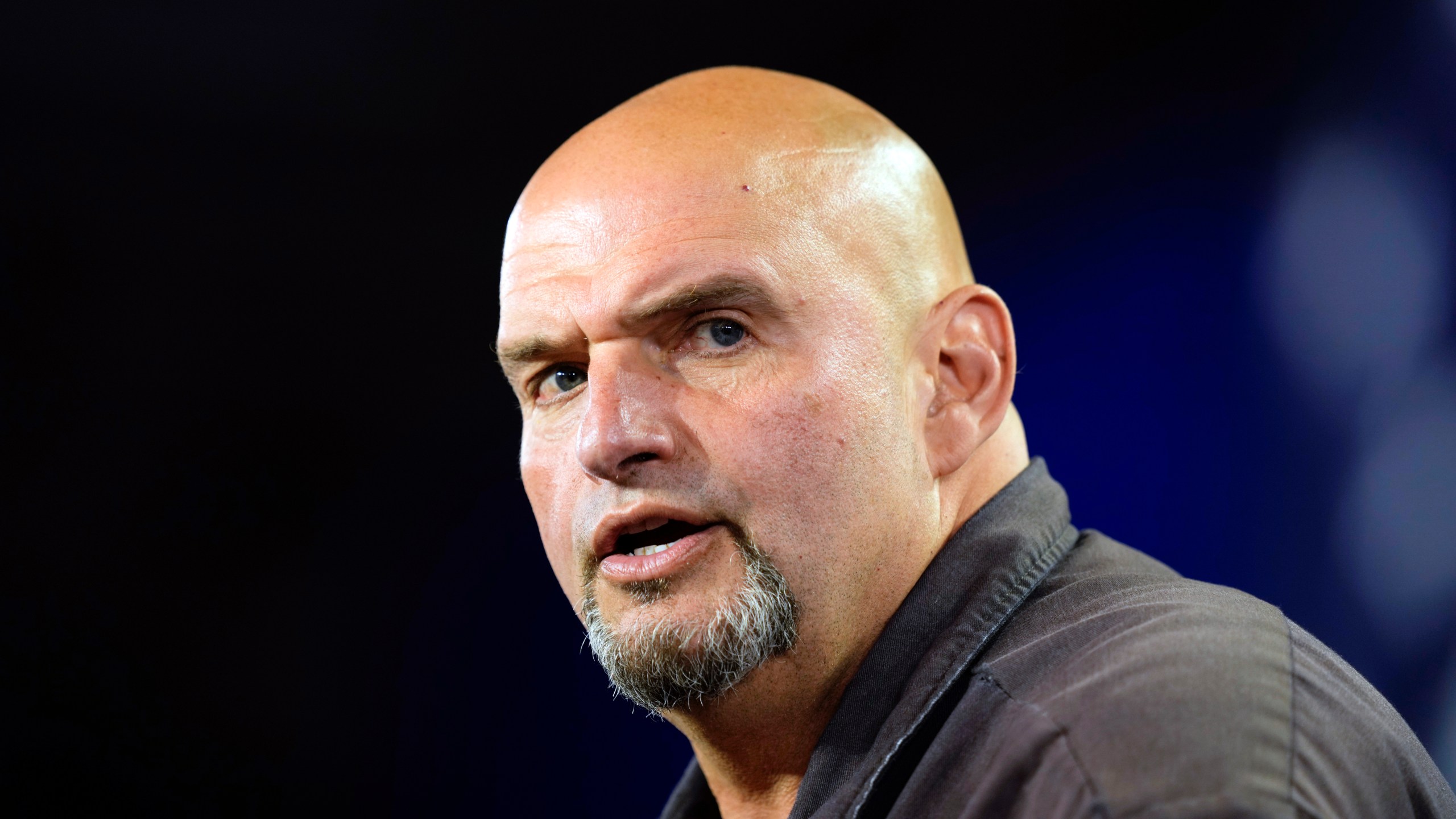 FILE - Sen. John Fetterman, D-Pa., speaks during a campaign event in York, Pa., Oct. 2, 2024. (AP Photo/Matt Rourke, File)