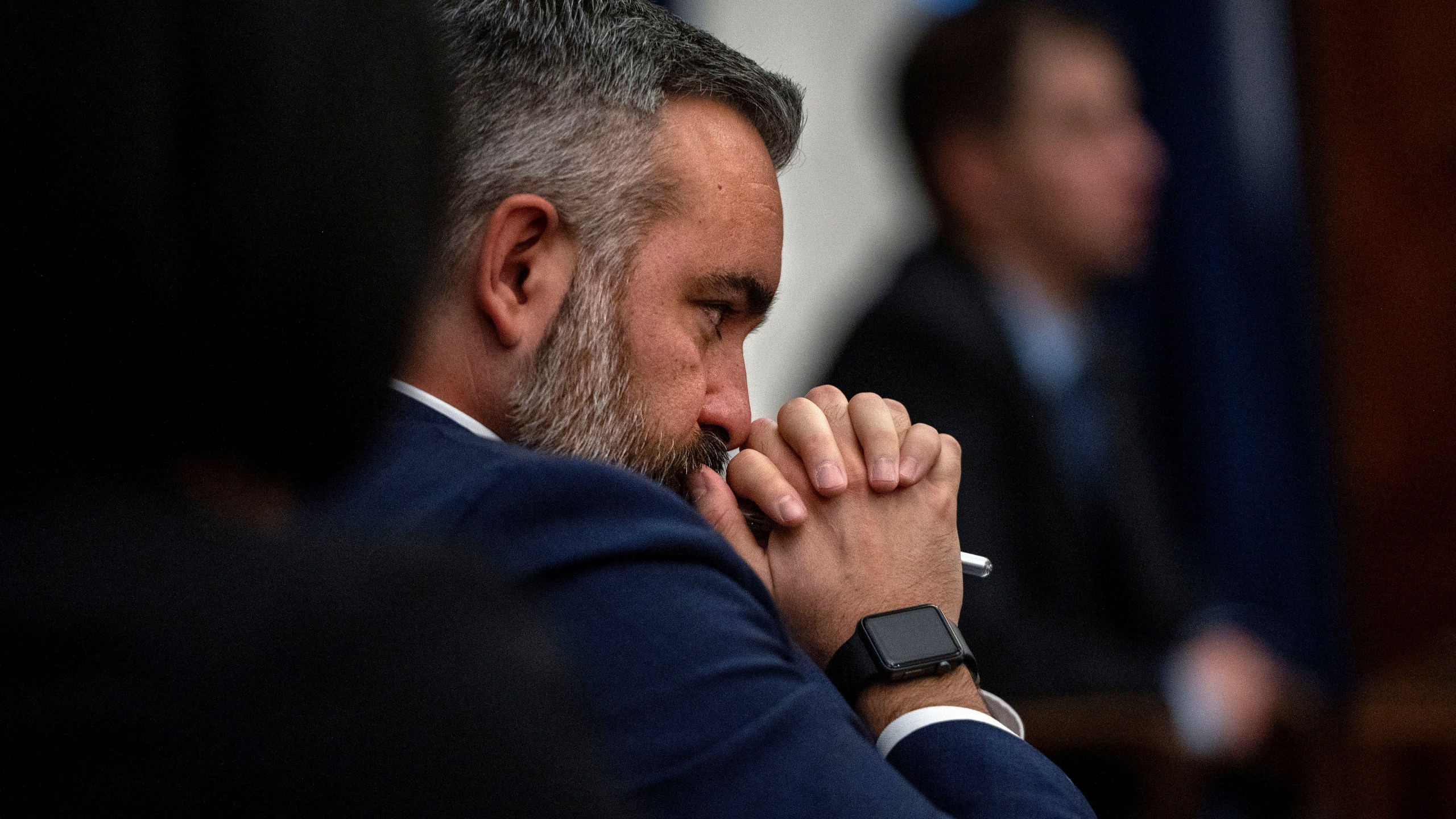 FILE - New Mexico Attorney General Raul Torrez listens to oral arguments dealing with local municipalities implementing ordinances restricting abortion, Dec. 13, 2023 in Santa Fe, N.M. . (Eddie Moore/The Albuquerque Journal via AP, file)