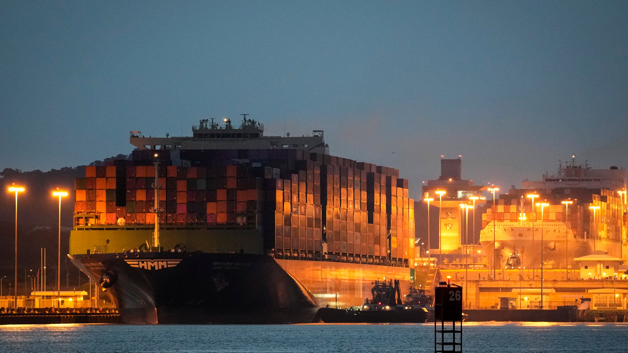 FILE - A cargo ship sails through the Miraflores locks of the Panama Canal, in Panama City, on Sept. 9, 2024. (AP Photo/Matias Delacroix, File)