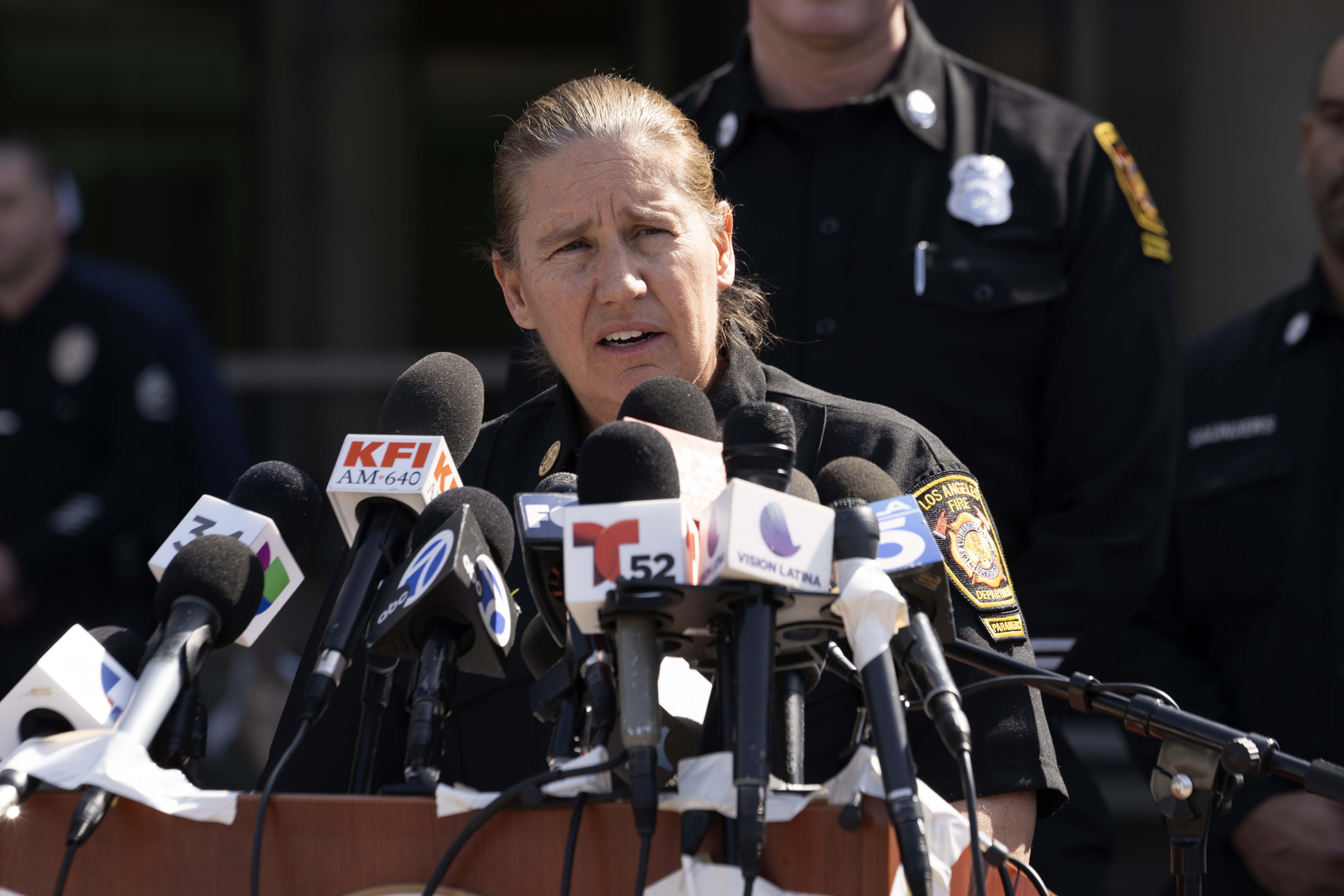 FILE - Los Angeles Fire Department Chief Kristin Crowley talks during a news conference at Harbor–UCLA Medical Center in the West Carson area of Los Angeles on Thursday, Feb. 15, 2024. (AP Photo/Richard Vogel, File)