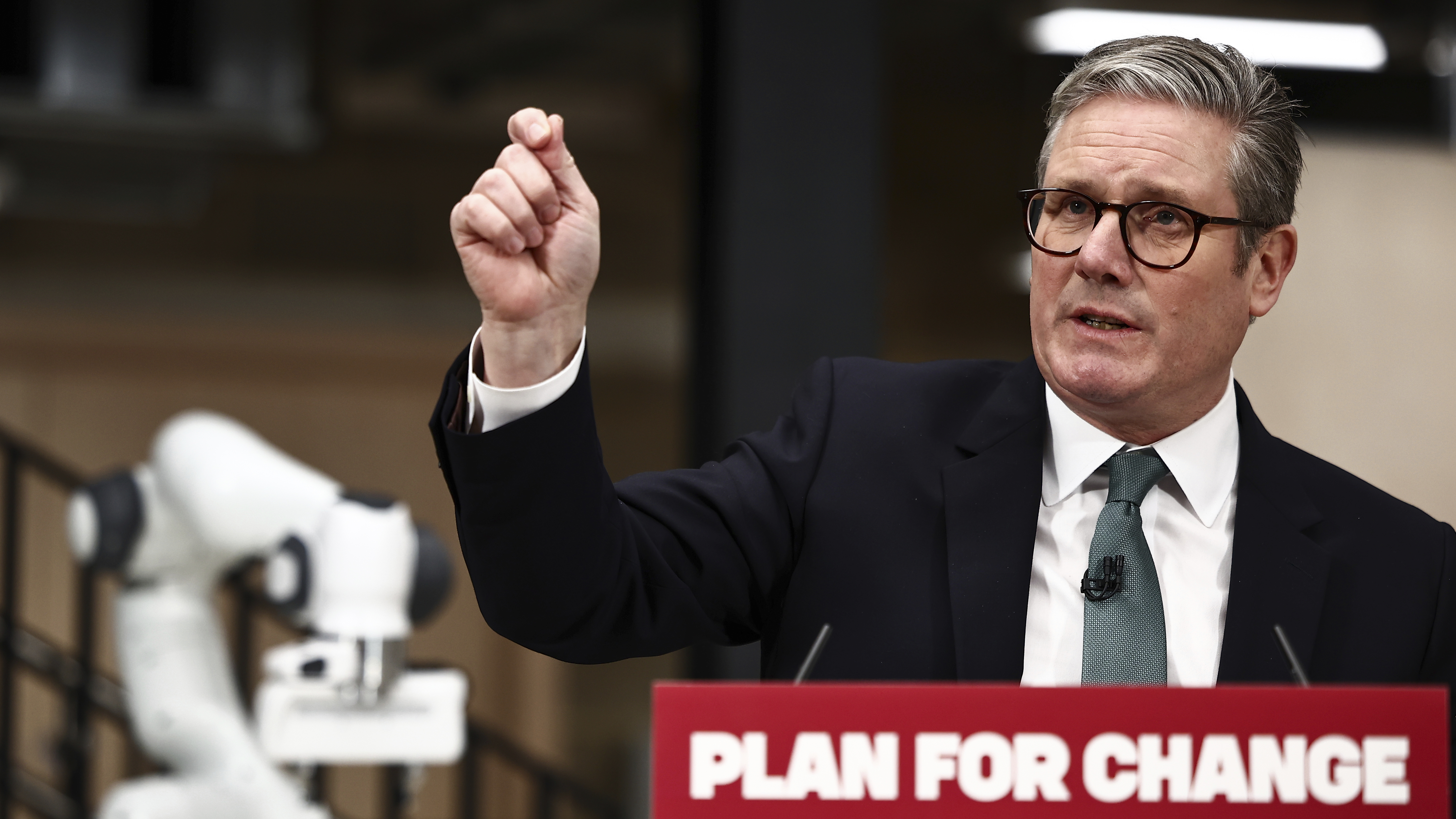 Britain's Prime Minister Keir Starmer delivers a speech during a visit of the Manufacturing Futures Lab at UCL (Unnivesrity College London) in London, England, Monday, Jan. 13, 2025. (Henry Nicholls/Pool Photo via AP)