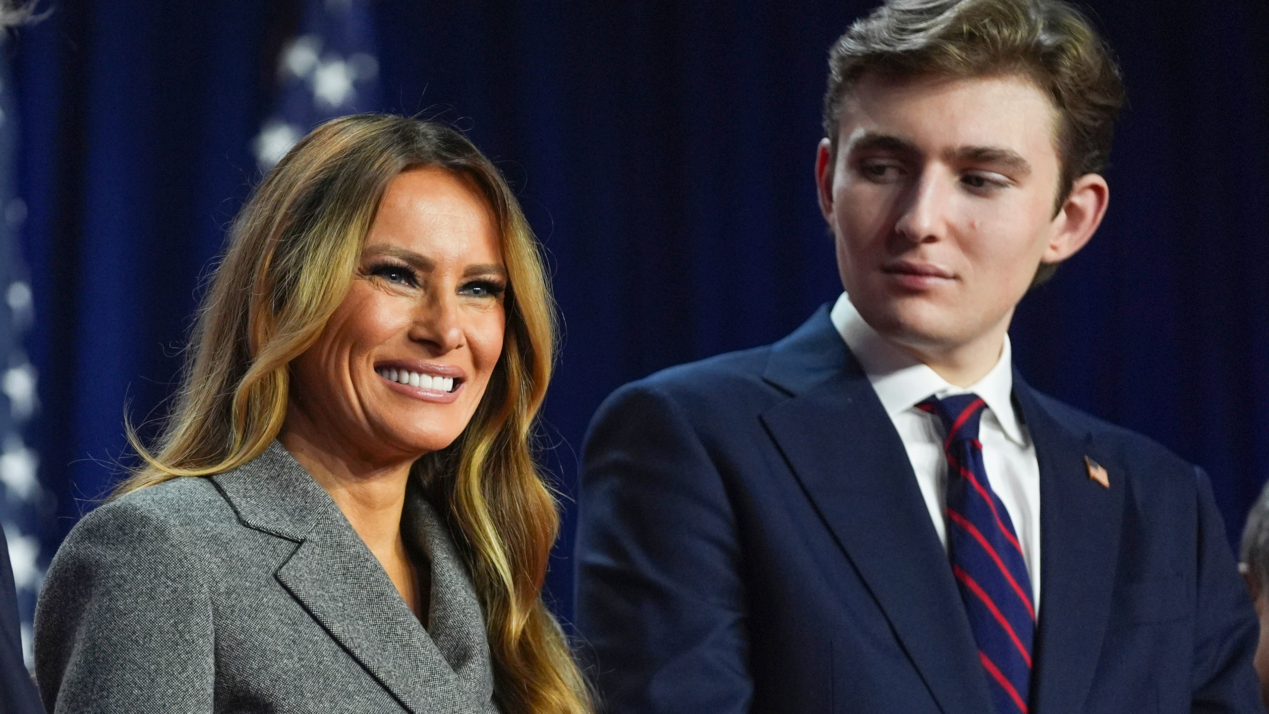 FILE - Former first lady Melania Trump and Barron Trump listen at an election night watch party at the Palm Beach Convention Center, Nov. 6, 2024, in West Palm Beach, Fla. (AP Photo/Evan Vucci, File)