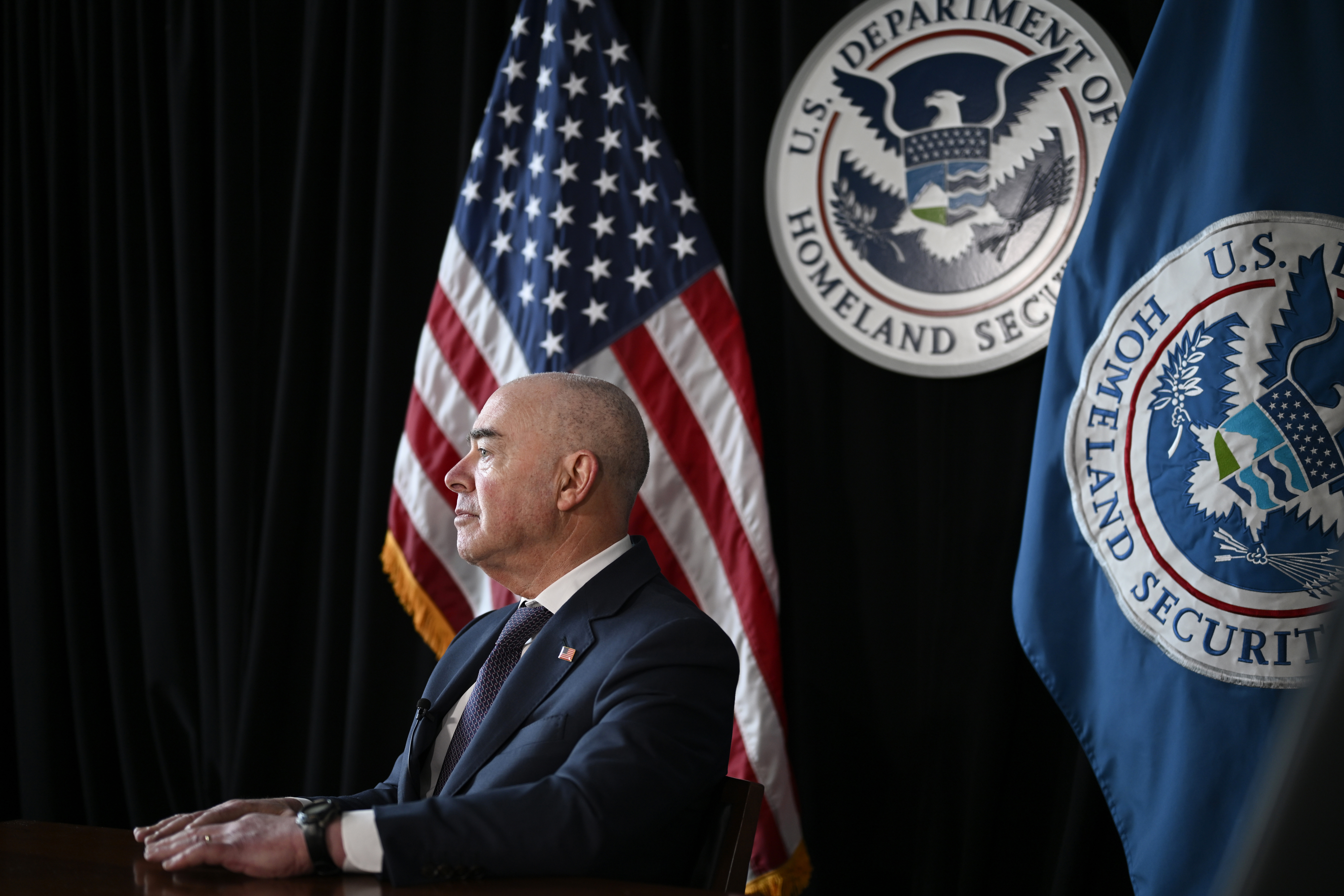 Outgoing Homeland Security Secretary Alejandro Mayorkas during a press interview on Friday, Jan. 10, 2025, in Washington. (AP Photo/John McDonnell)