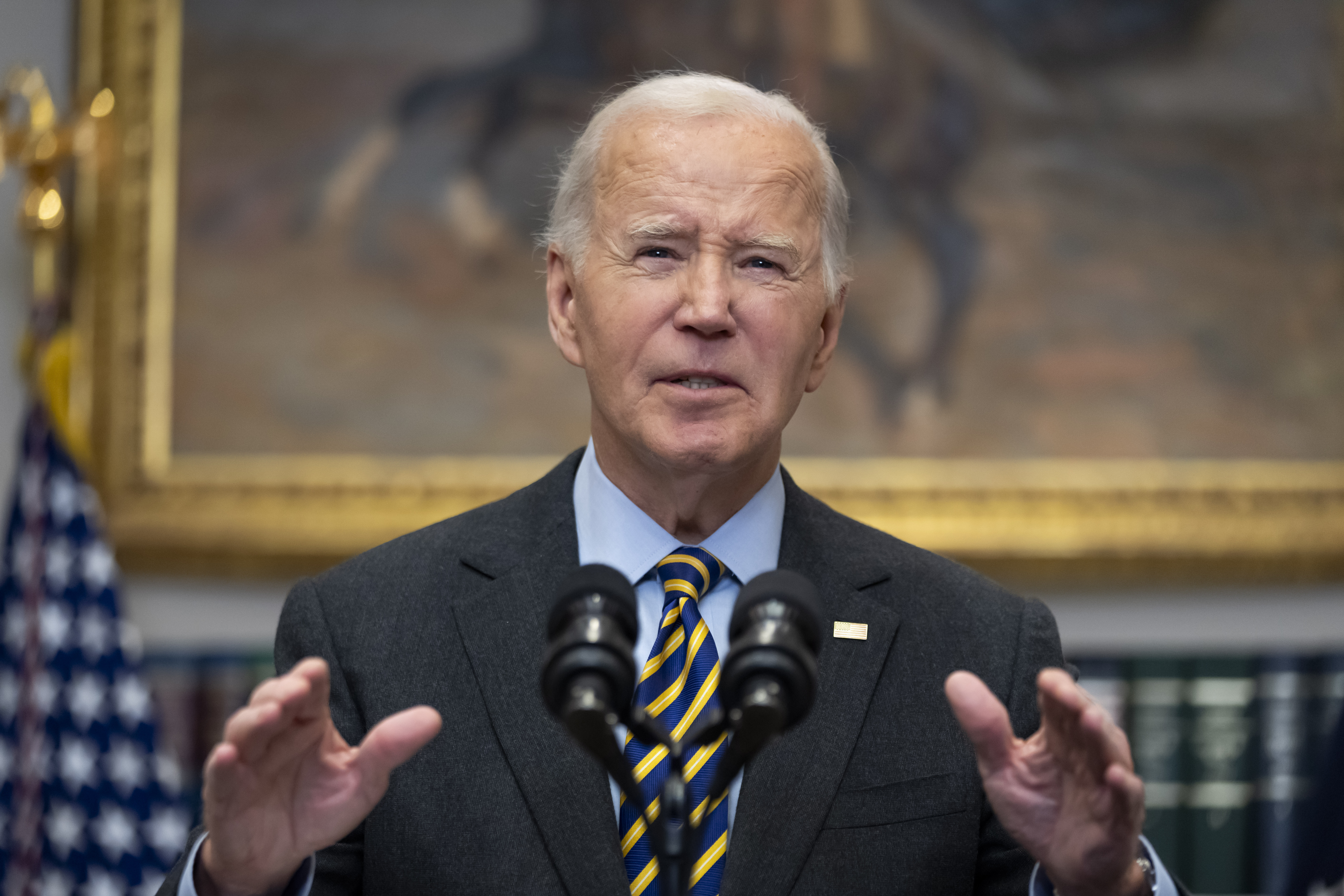 FILE - President Joe Biden speaks in the Roosevelt Room at the White House in Washington, Friday, Jan. 10, 2025. (AP Photo/Ben Curtis, File)