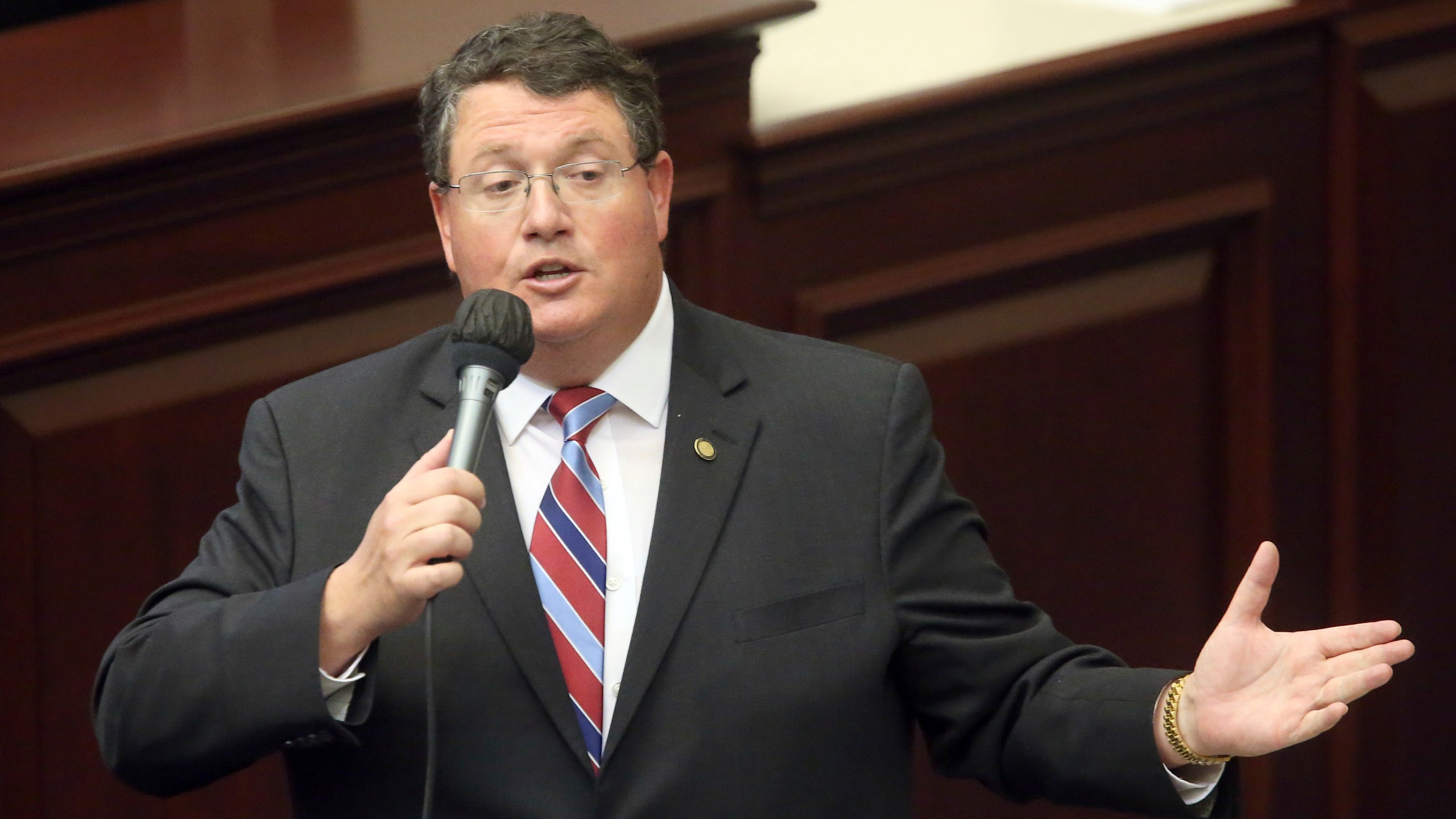 FILE - Rep. Randy Fine, R-South Brevard County, closes on a gambling bill during a special session, Wednesday, May 19, 2021, in Tallahassee, Fla. (AP Photo/Steve Cannon, File)