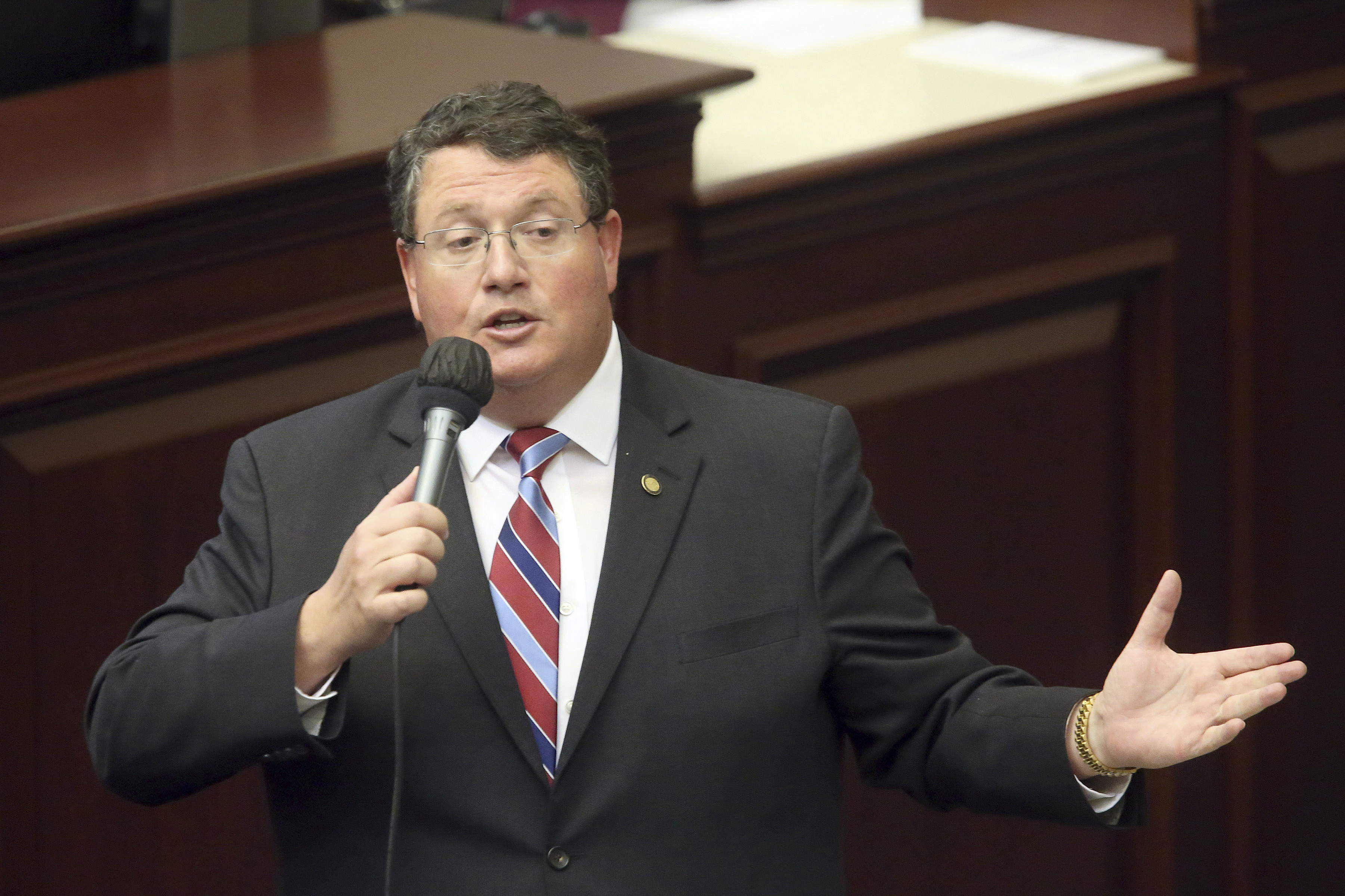 FILE - Rep. Randy Fine, R-South Brevard County, closes on a gambling bill during a special session, Wednesday, May 19, 2021, in Tallahassee, Fla. (AP Photo/Steve Cannon, File)