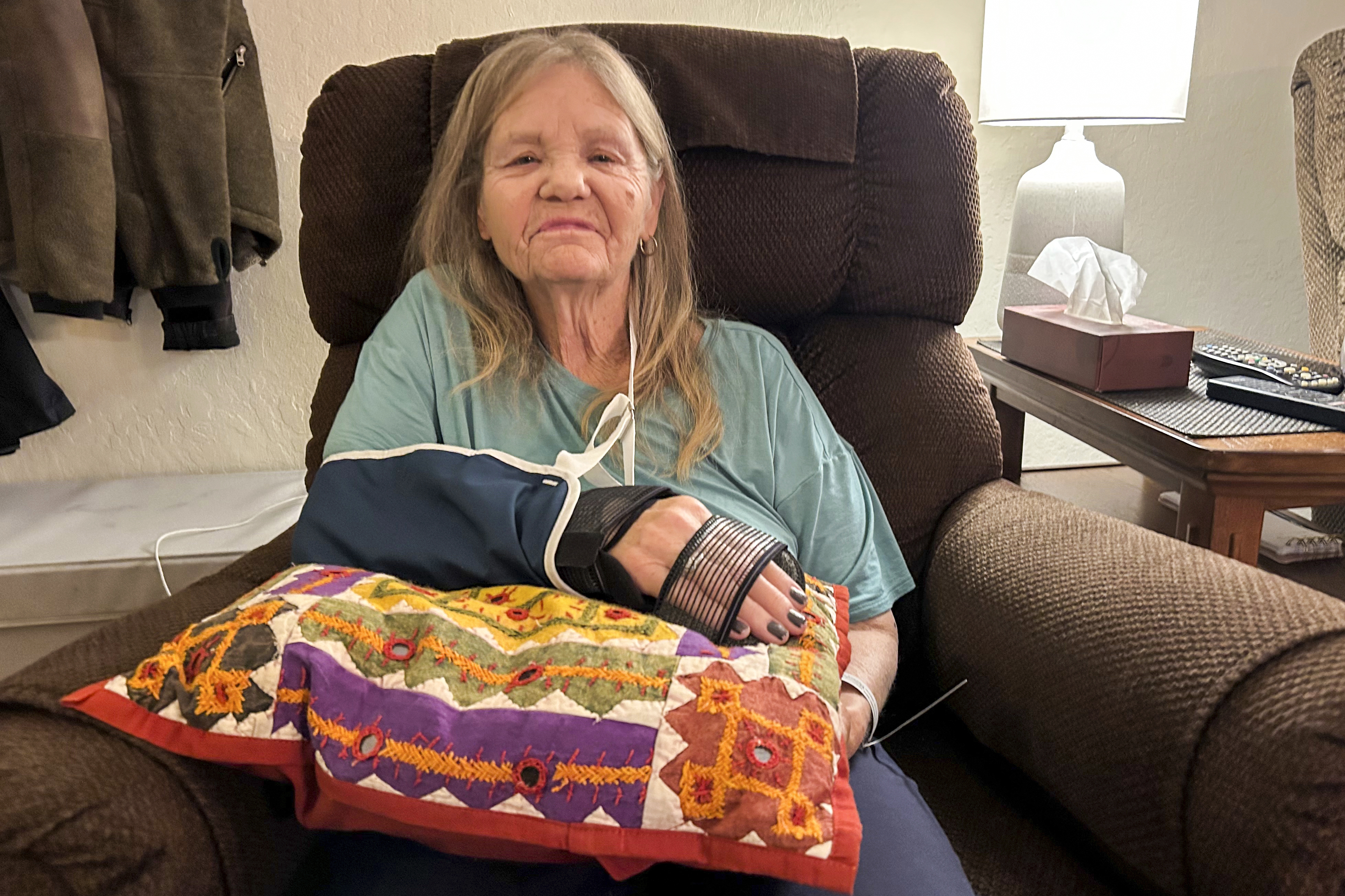 This photo provided by Tricia Peterson shows Sharon Tanner, a resident at the Terraces at Park Marino, in Pasadena, Calif., on Jan. 13, 2025. (Tricia Peterson via AP)