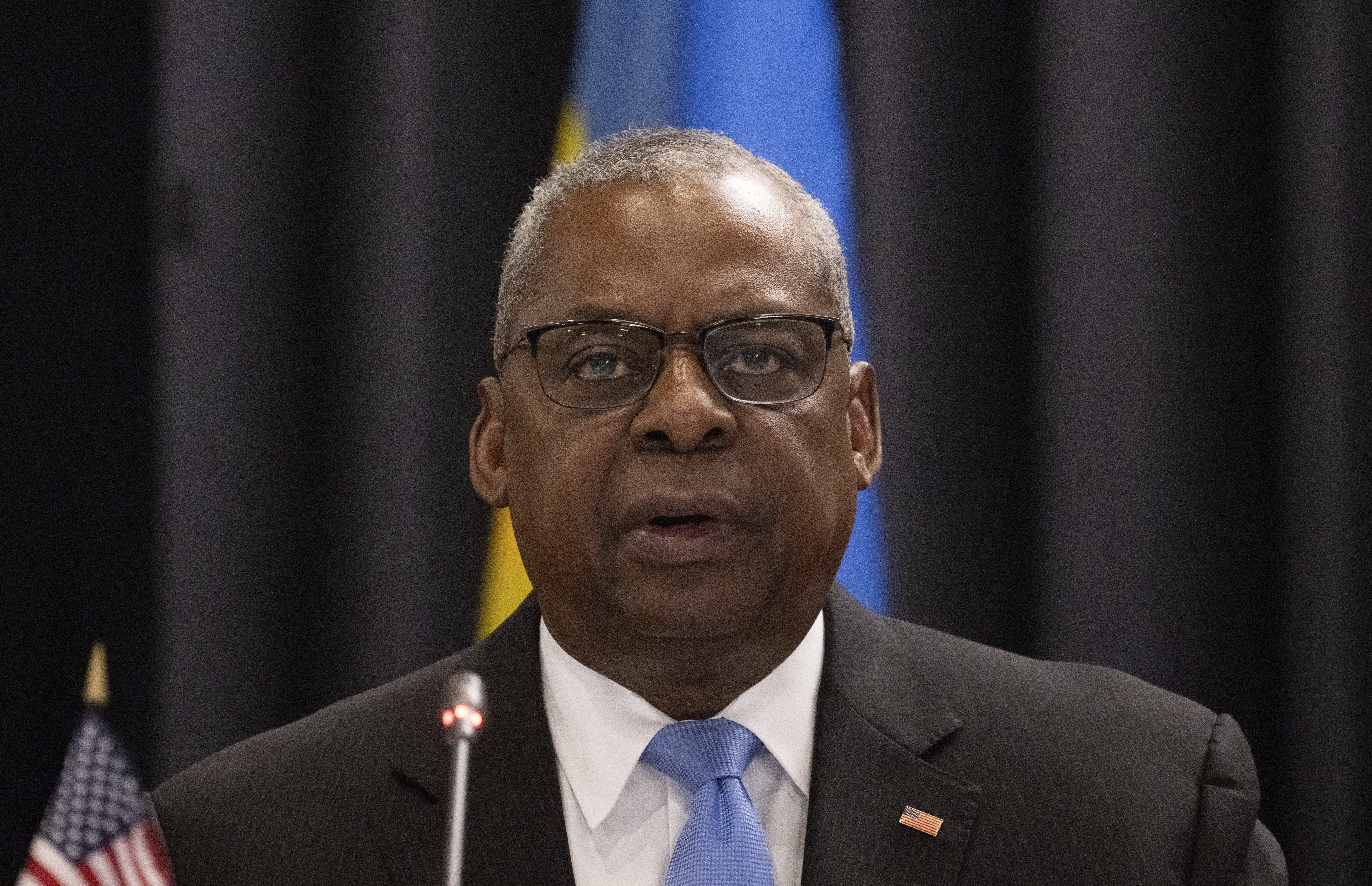 U.S. Secretary of Defense Lloyd Austin attends a meeting of the Ukraine Contact Group at Ramstein Air Base, Germany, Thursday, Jan. 9, 2025. (Marijan Murat/dpa via AP)