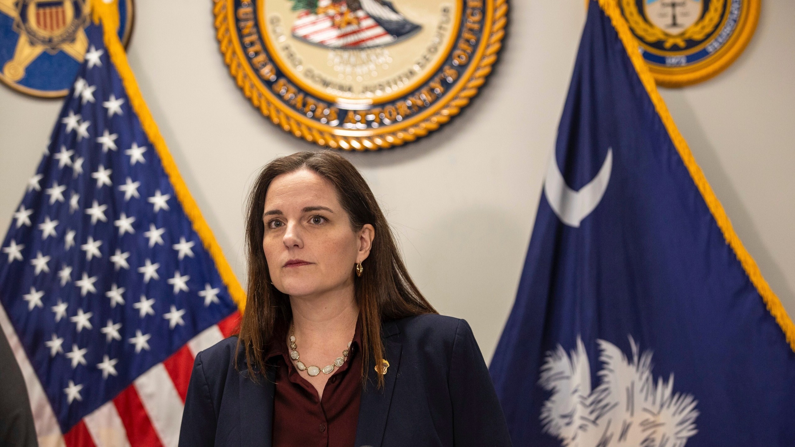 U.S. Attorney for South Carolina Adair Boroughs discusses the findings of the U.S. Department of Justice's yearlong investigation into the Richland County jail during a press conference on Wednesday, Jan. 15, 2025, in Columbia, S.C. (Andrew Whitaker/The Post And Courier via AP)