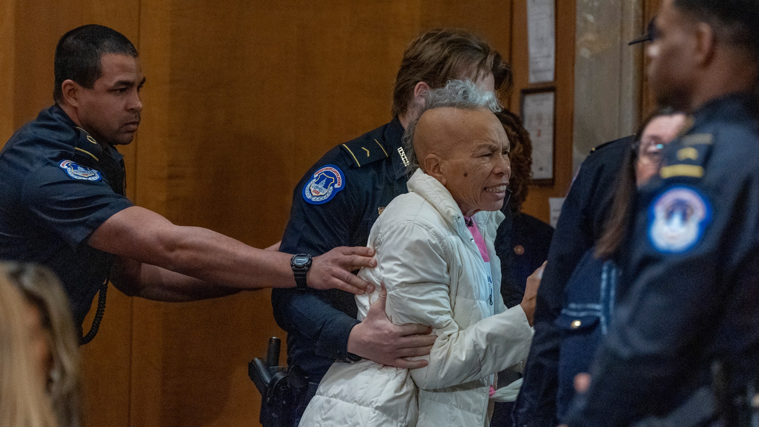 An activist is removed as Sen. Marco Rubio, R-Fla., President-elect Donald Trump's choice to be Secretary of State, appears before the Senate Foreign Relations Committee for his confirmation hearing, at the Capitol in Washington, Wednesday, Jan. 15, 2025. (AP Photo/Alex Brandon)