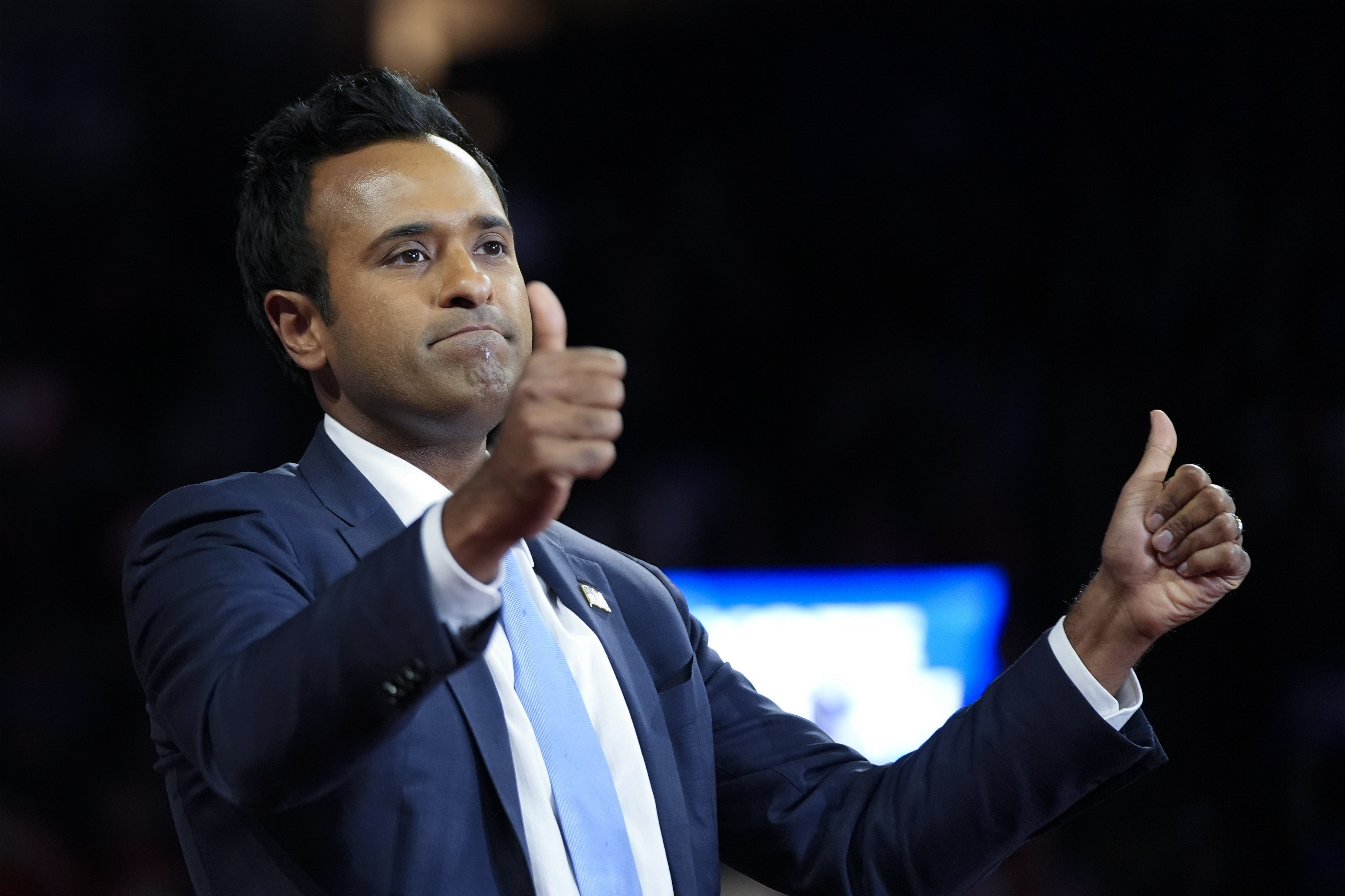 FILE - Vivek Ramaswamy arrives before Republican presidential nominee former President Donald Trump at a campaign rally at the Santander Arena, Oct. 9, 2024, in Reading, Pa. (AP Photo/Alex Brandon, File)