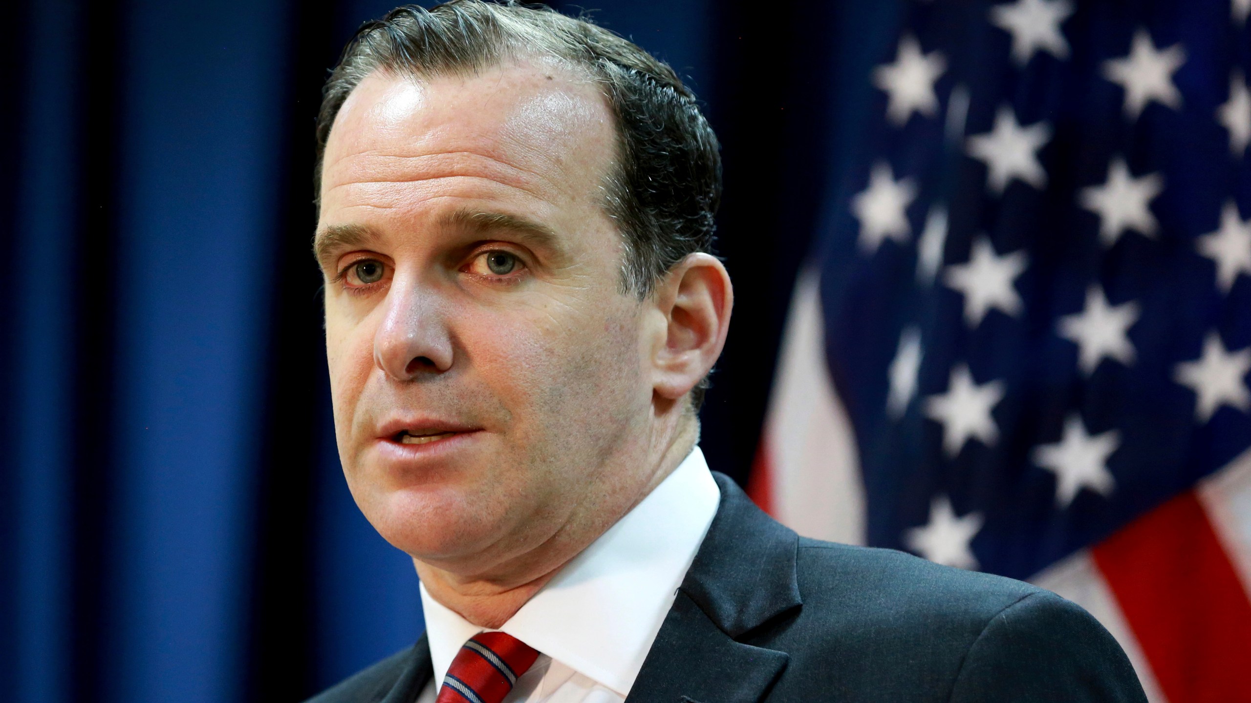 FILE - Brett McGurk, the U.S. envoy for the global coalition against IS, speaks during a news conference at the U.S. Embassy Baghdad, Iraq, June 7, 2017. (AP Photo/Hadi Mizban, File)