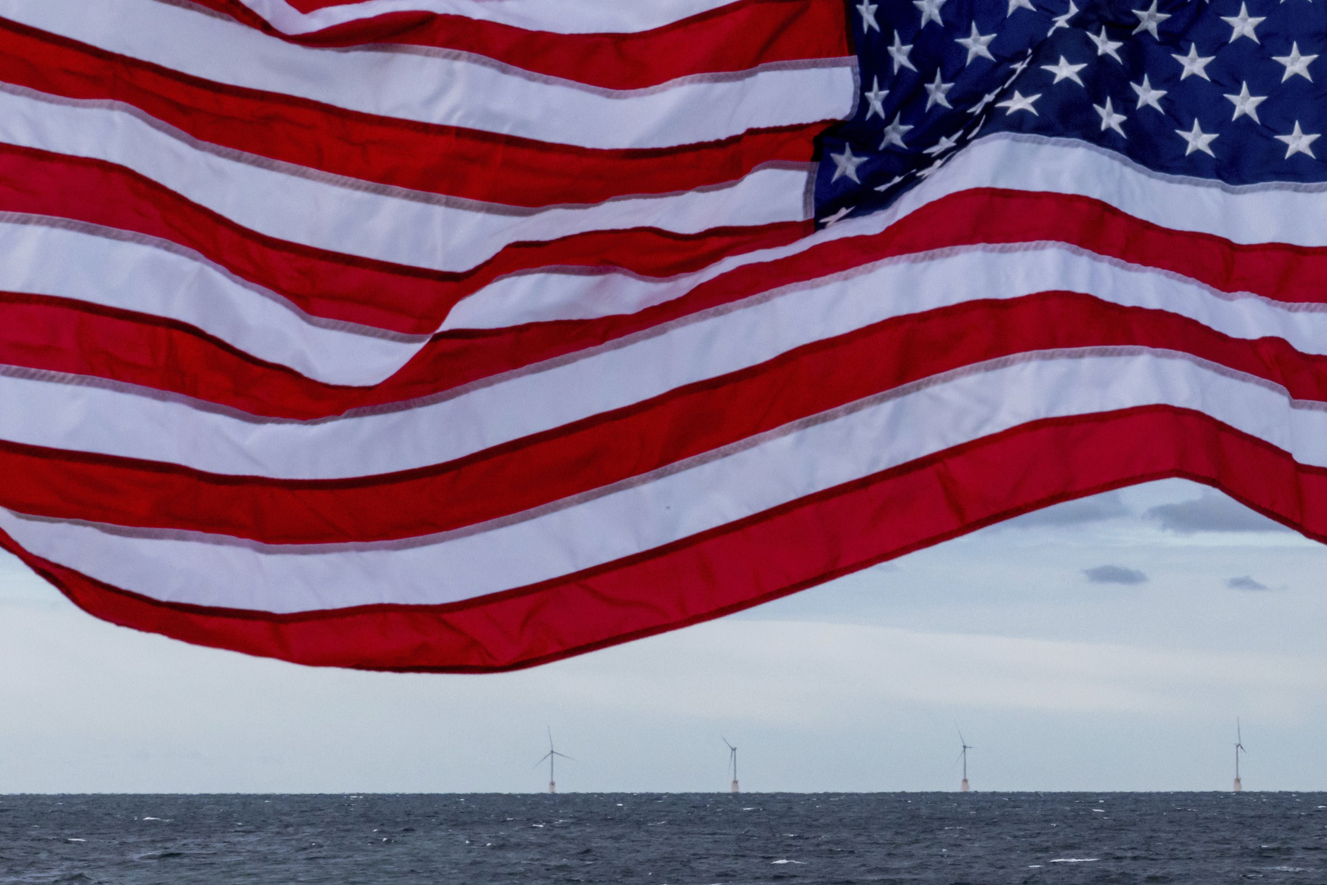 FILE - The five turbines of Block Island Wind Farm operate, Dec. 7, 2023, off the coast of Block Island, R.I., during a tour organized by Orsted. (AP Photo/Julia Nikhinson, File)