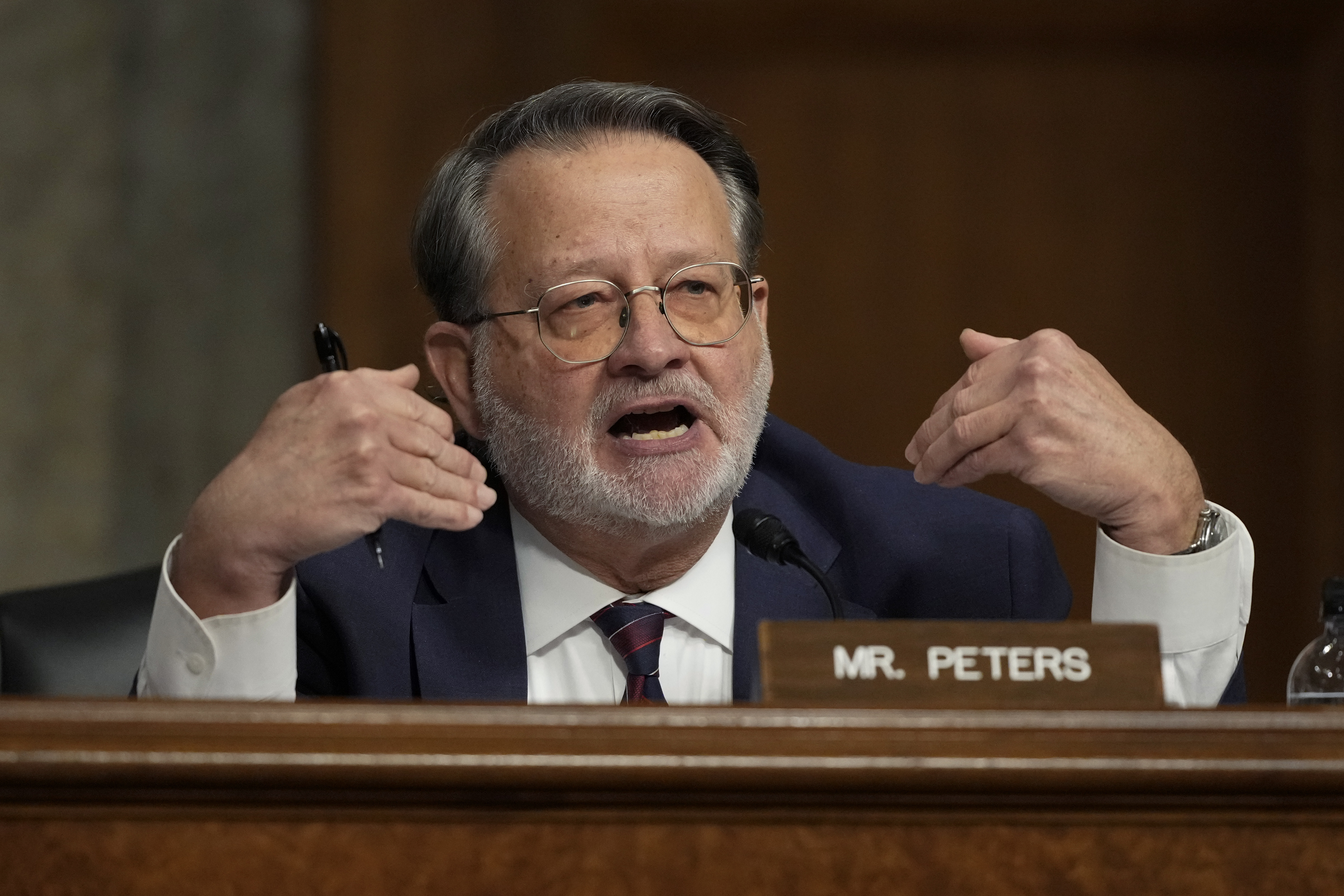 FILE - Sen. Gary Peters, D-Mich., speaks during the Senate Armed Services Committee confirmation hearing for Pete Hegseth, President-elect Donald Trump's choice to be Defense secretary, at the Capitol in Washington, Jan. 14, 2025. (AP Photo/Ben Curtis, File)