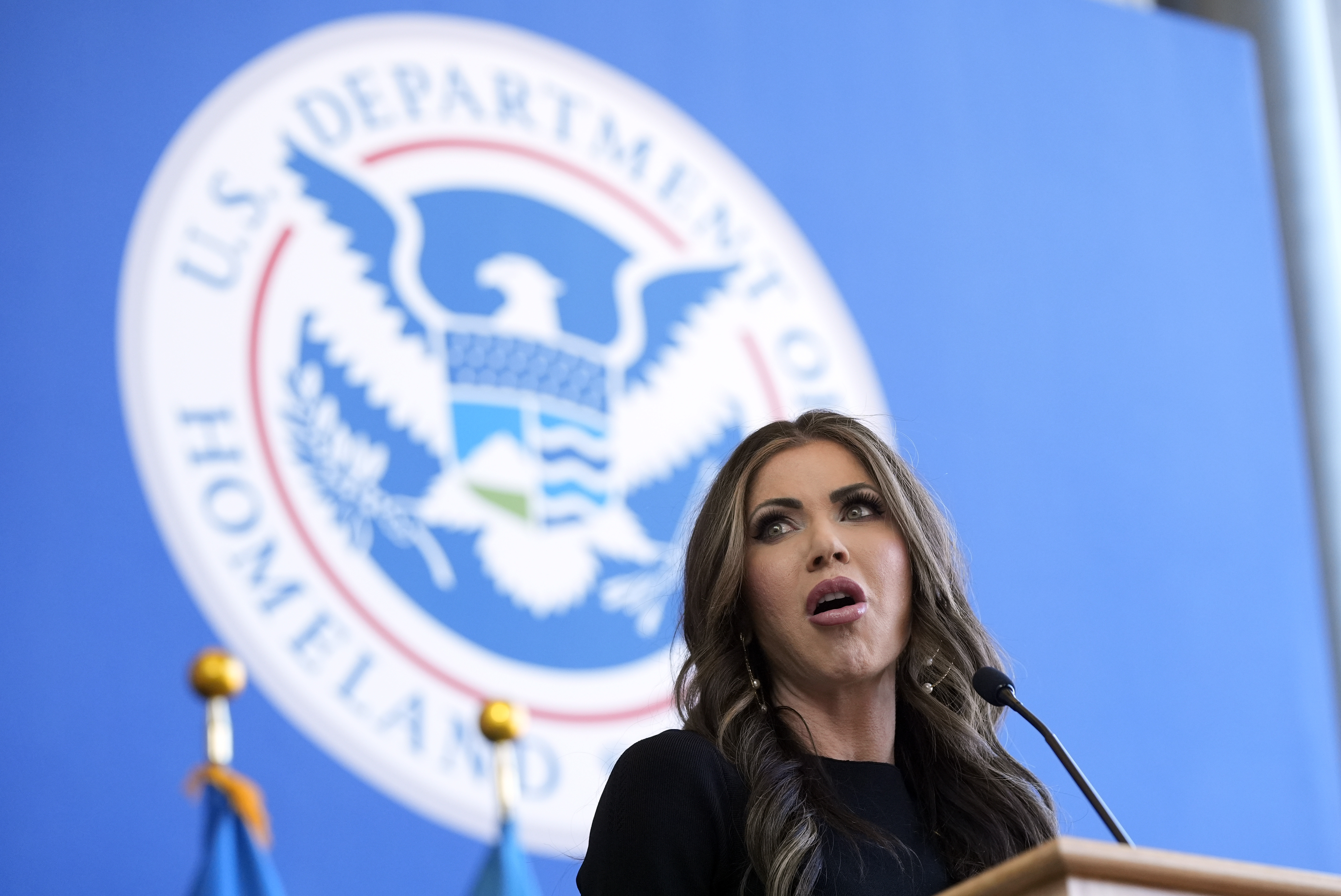 Homeland Security Secretary Kristi Noem speaks to employees at the Department of Homeland Security, Tuesday, Jan. 28, 2025, in Washington. (AP Photo/Manuel Balce Ceneta)