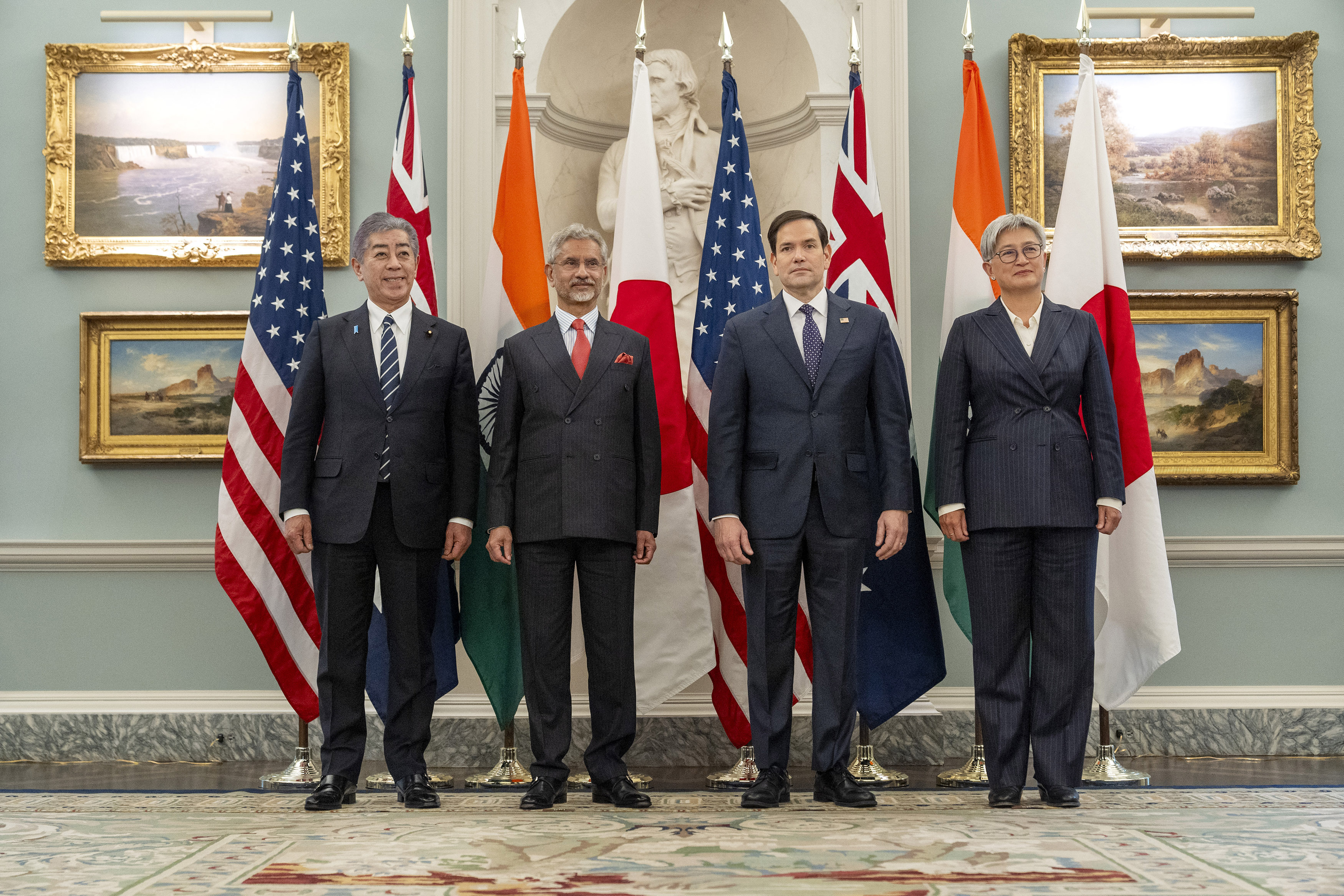 FILE - Japan's Foreign Minister Iwaya Takeshi, India's External Affairs Minister Subrahmanyam Jaishankar, Secretary of State Marco Rubio and Australia's Foreign Minister Penny Wong pose for a photograph before meeting at the State Department, Jan. 21, 2025, in Washington. (AP Photo/Jacquelyn Martin, File)