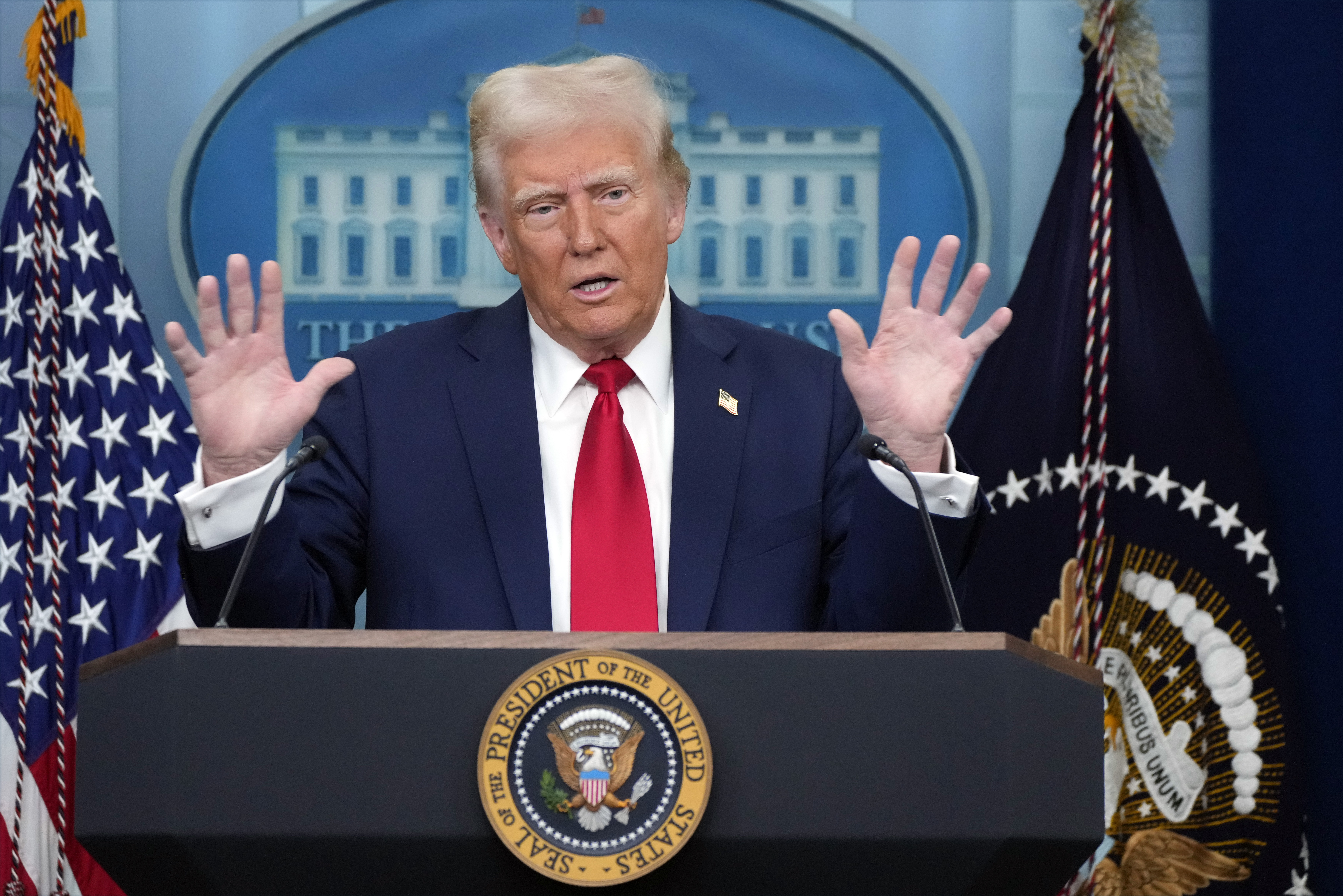 President Donald Trump speaks in the James Brady Press Briefing Room at the White House, Thursday, Jan. 30, 2025, in Washington. (AP Photo/Alex Brandon)