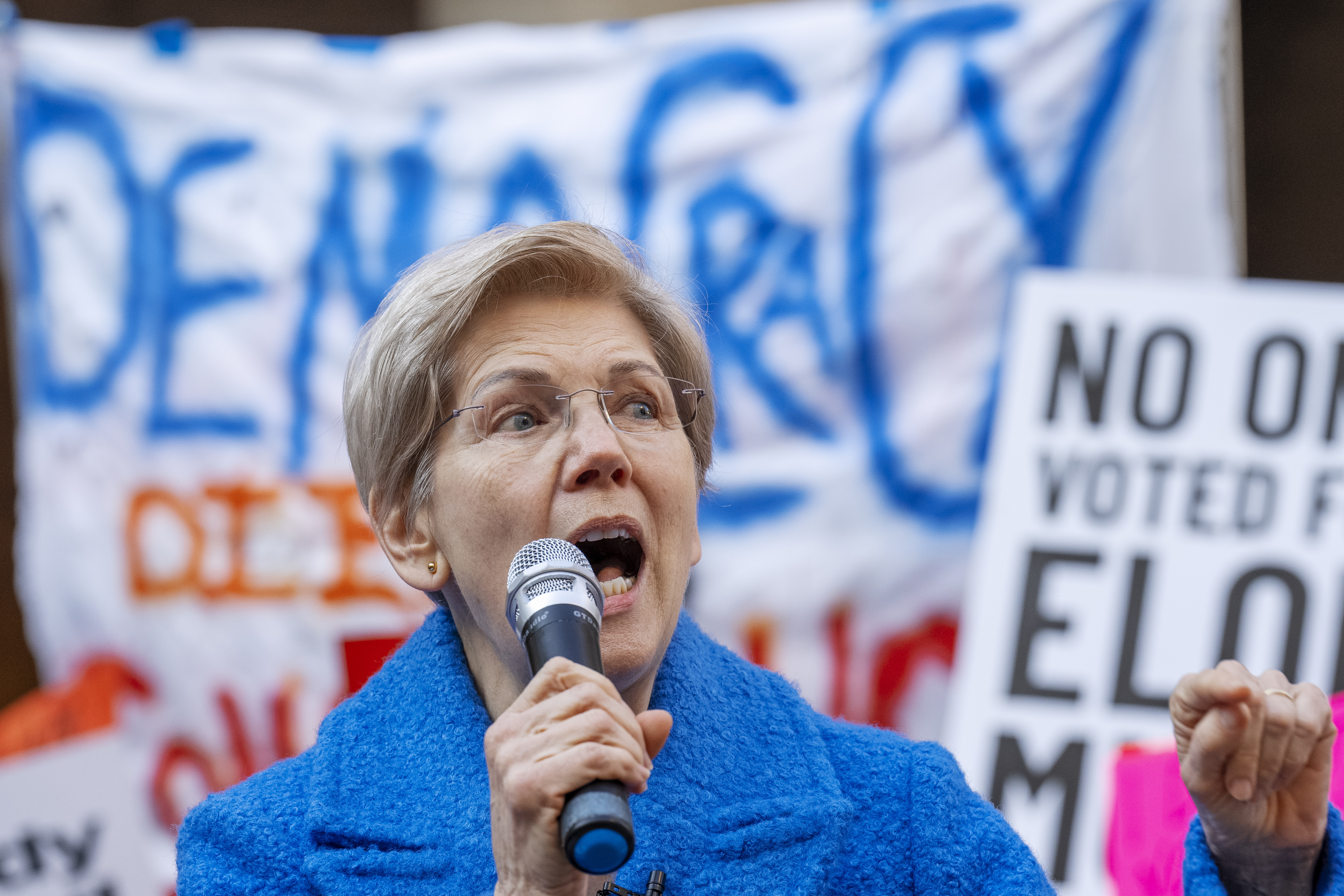 Sen. Elizabeth Warren, D-Mass., speaks during a protest in support of the Consumer Financial Protection Bureau (CFPB) Monday, Feb. 10, 2025, in Washington. (AP Photo/Jacquelyn Martin)